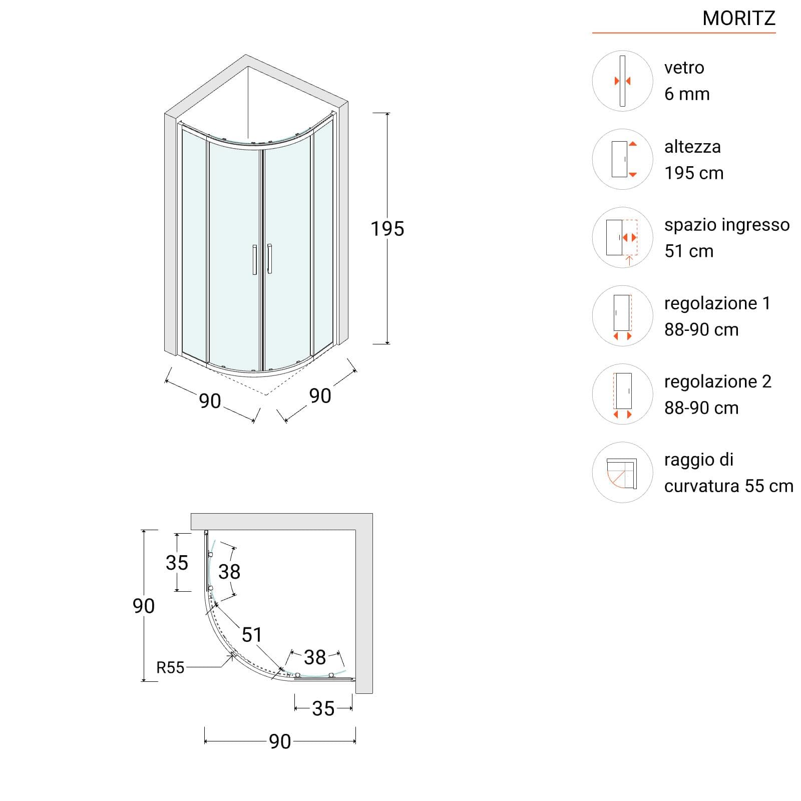 Box doccia 90x90 cm semicircolare scorrevole trasparente anticalcare profilo cromo 195h - Moritz