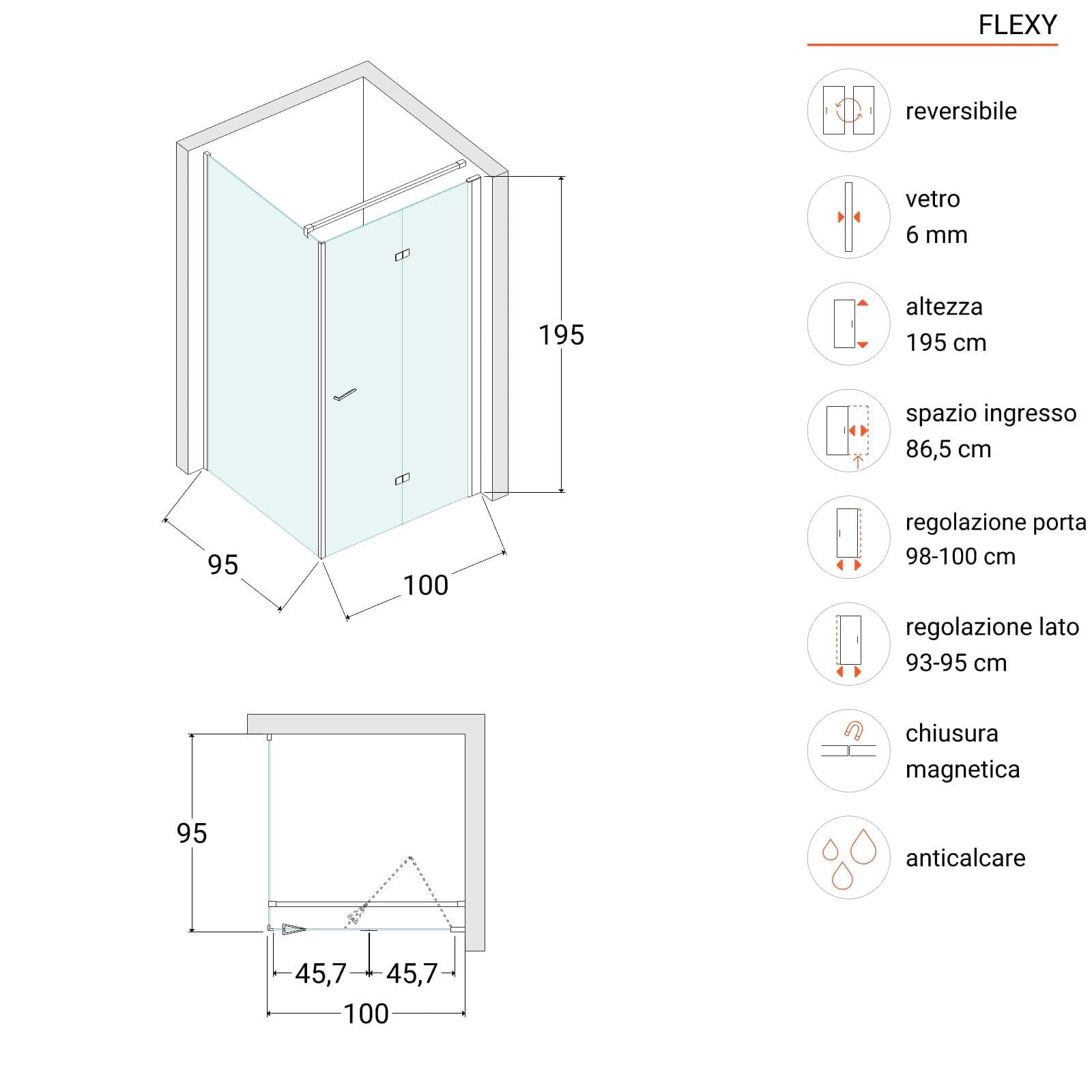 Box doccia 95x100 cm a soffietto vetro anticalcare opaco profilo cromo 195h - Flexy