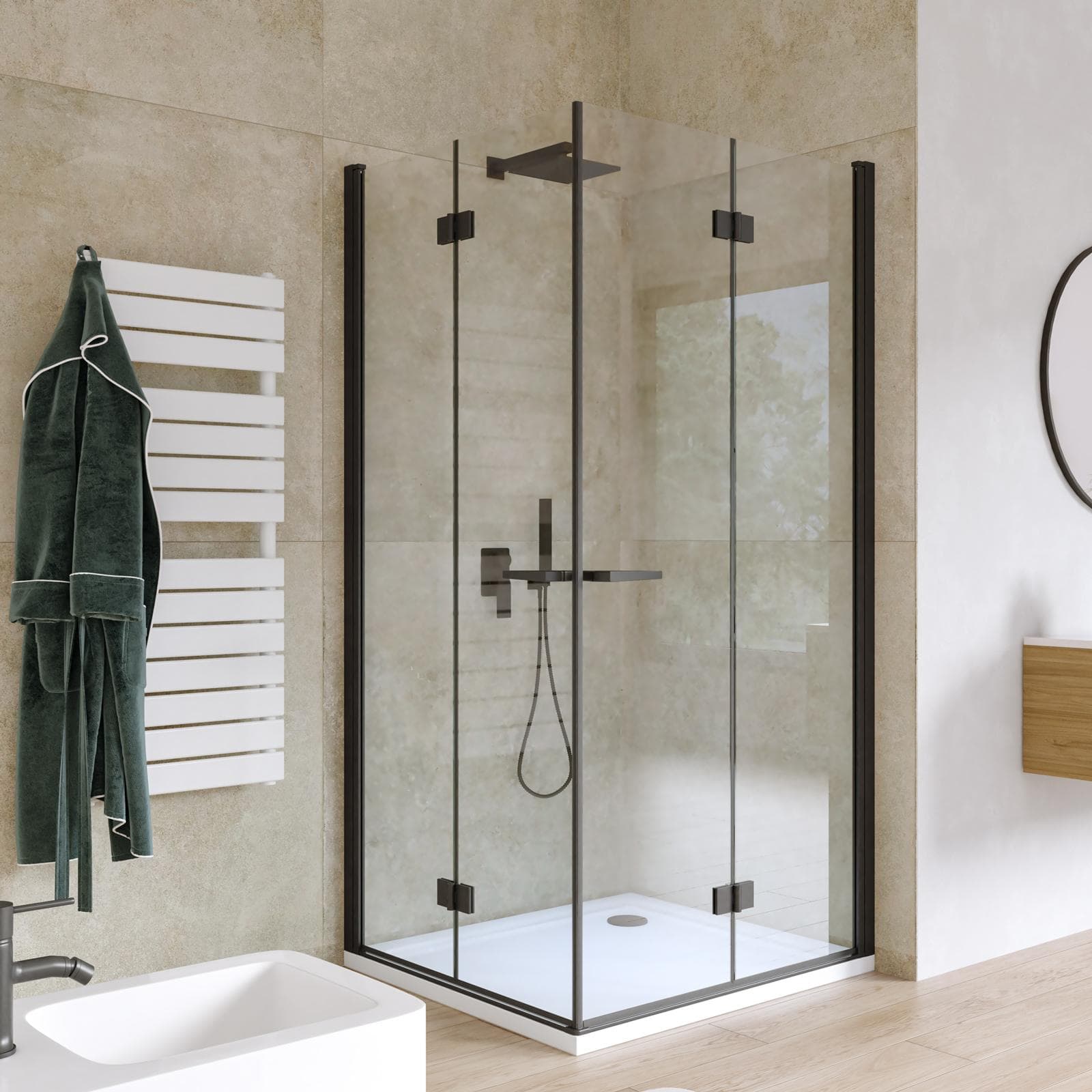 Box doccia 95x100 cm doppio soffietto vetro anticalcare trasparente e profilo nero opaco 195h - Flexy