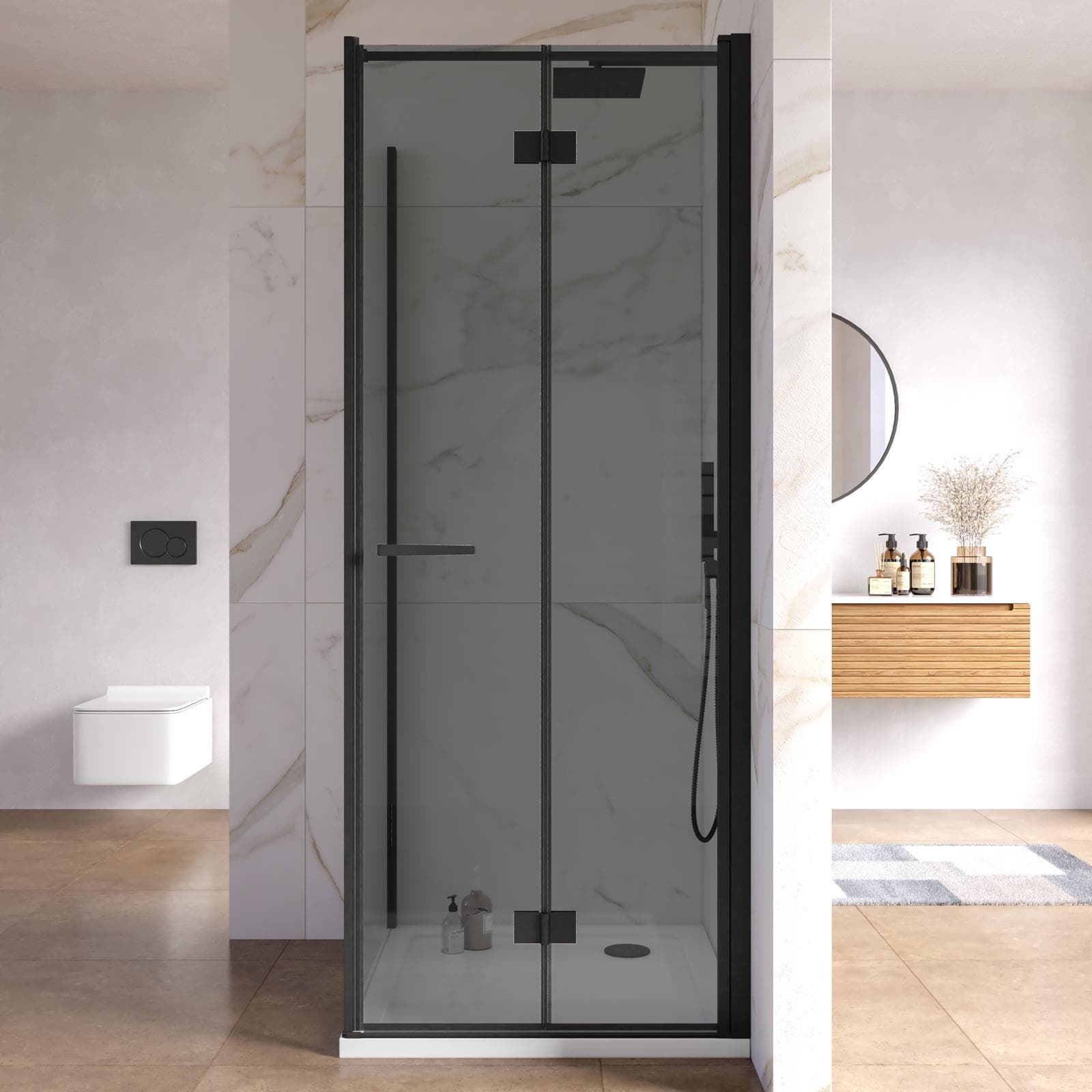 Box doccia 95x85 cm a soffietto vetro anticalcare fumé e profilo nero opaco 195h - Flexy
