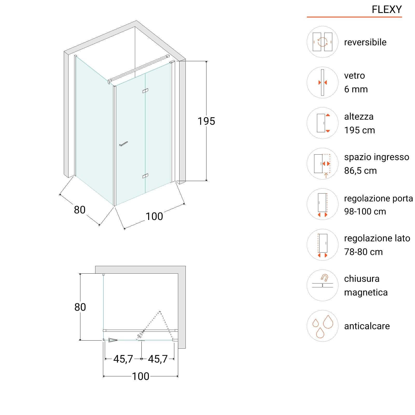 Box doccia 80x100 cm a soffietto vetro anticalcare trasparente profilo cromo 195h - Flexy