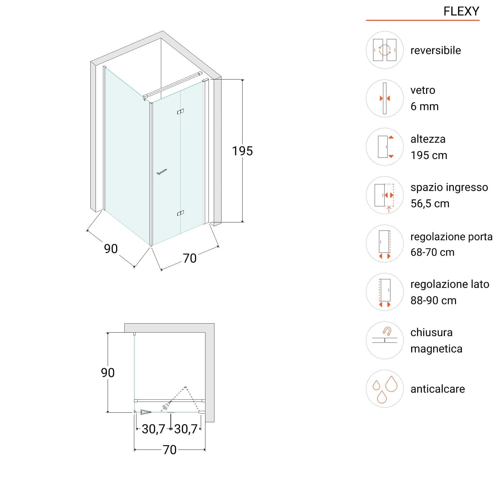 Box doccia 90x70 cm a soffietto in vetro anticalcare trasparente profilo cromo 195h - Flexy