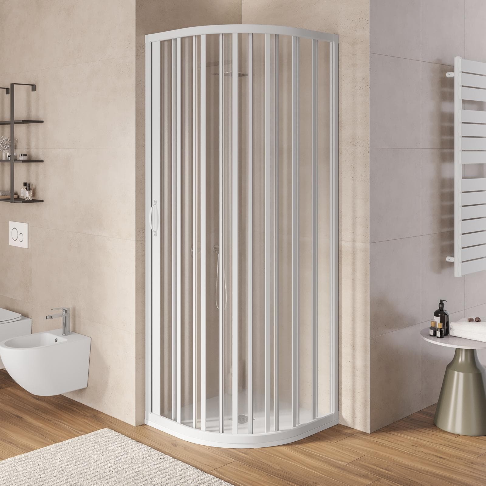 Box doccia a soffietto cabina 80x80 cm semicircolare stondata apertura reversibile