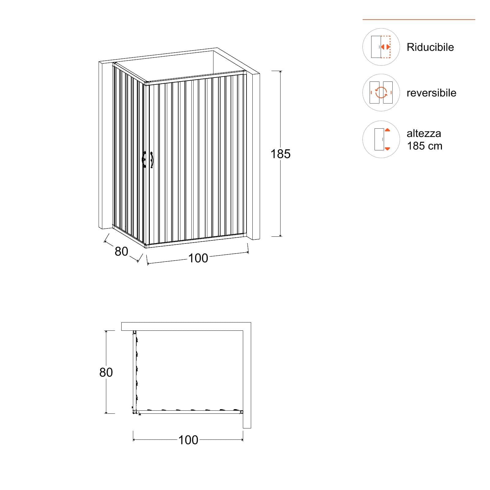 Box doccia a soffietto rettangolare in acrilico 80x100 cm riducibile a 70x90 cm