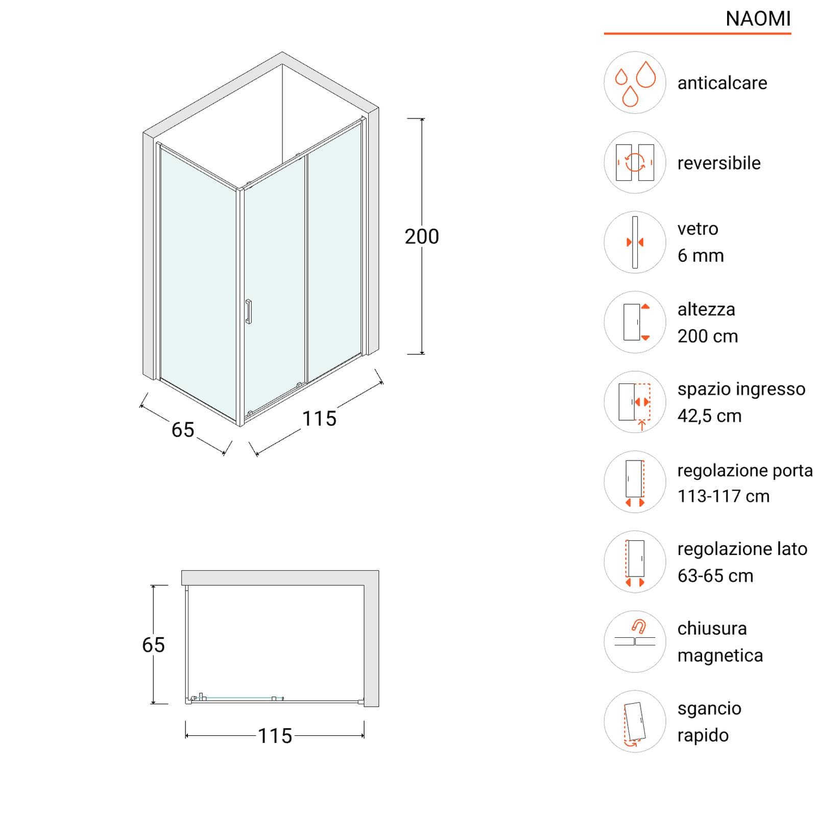 Box doccia angolare 65x115 cm scorrevole anticalcare con telaio nero - Naomi