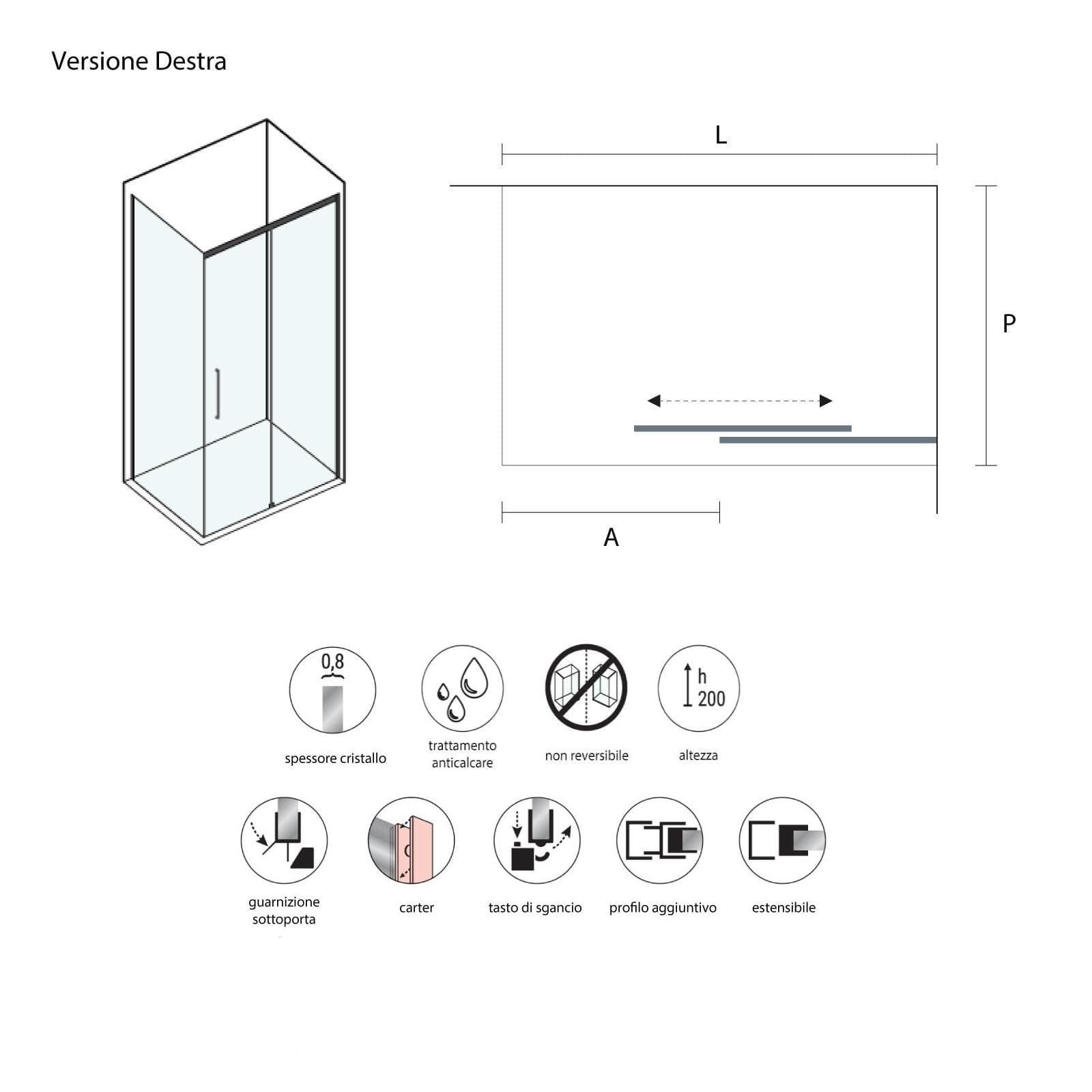 Box doccia angolare 120x90 cm scorrevole dx cristallo anticalcare 8 mm 200h cromo - Abelia
