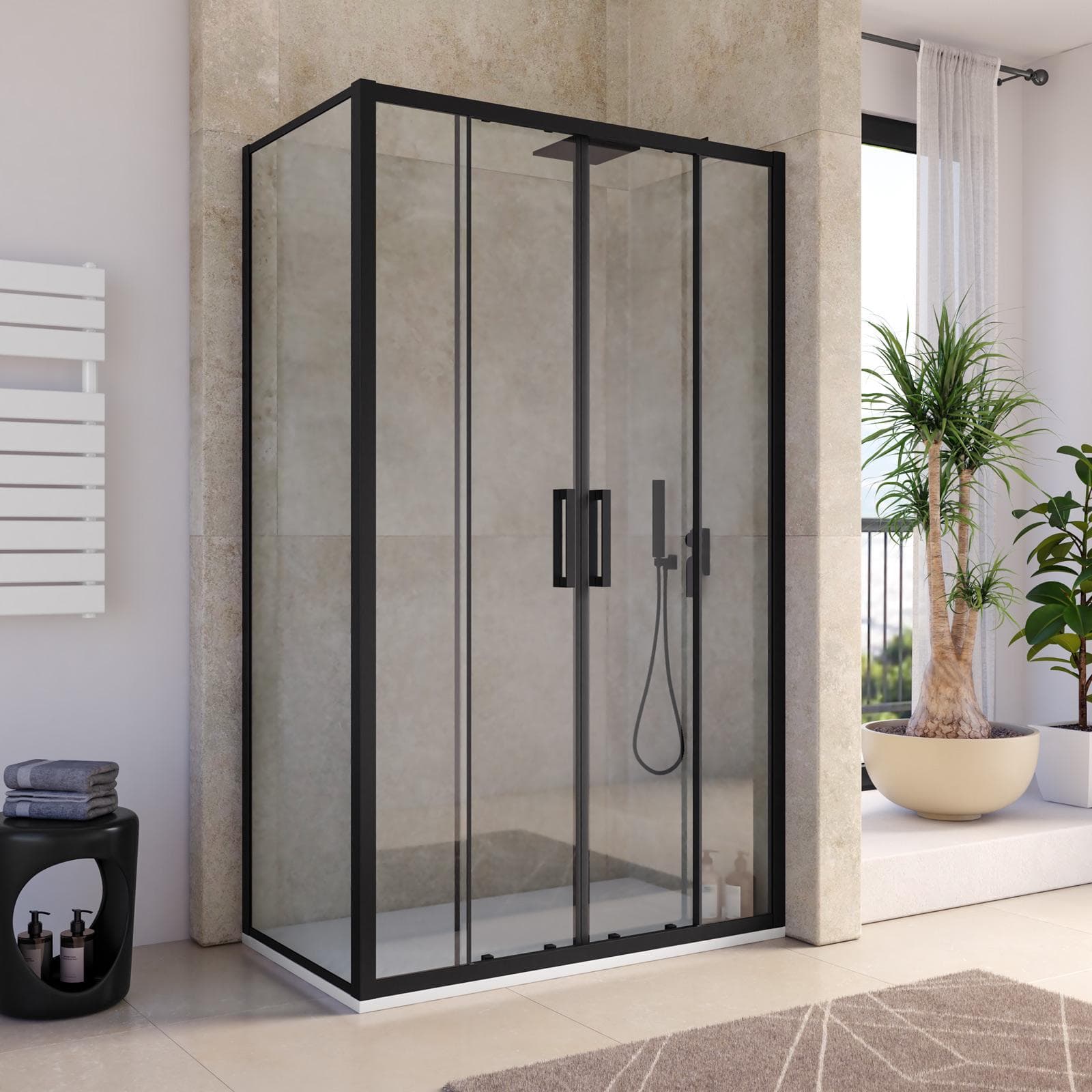 Box doccia angolare 65x125 cm scorrevole 4 ante anticalcare telaio nero - Naomi