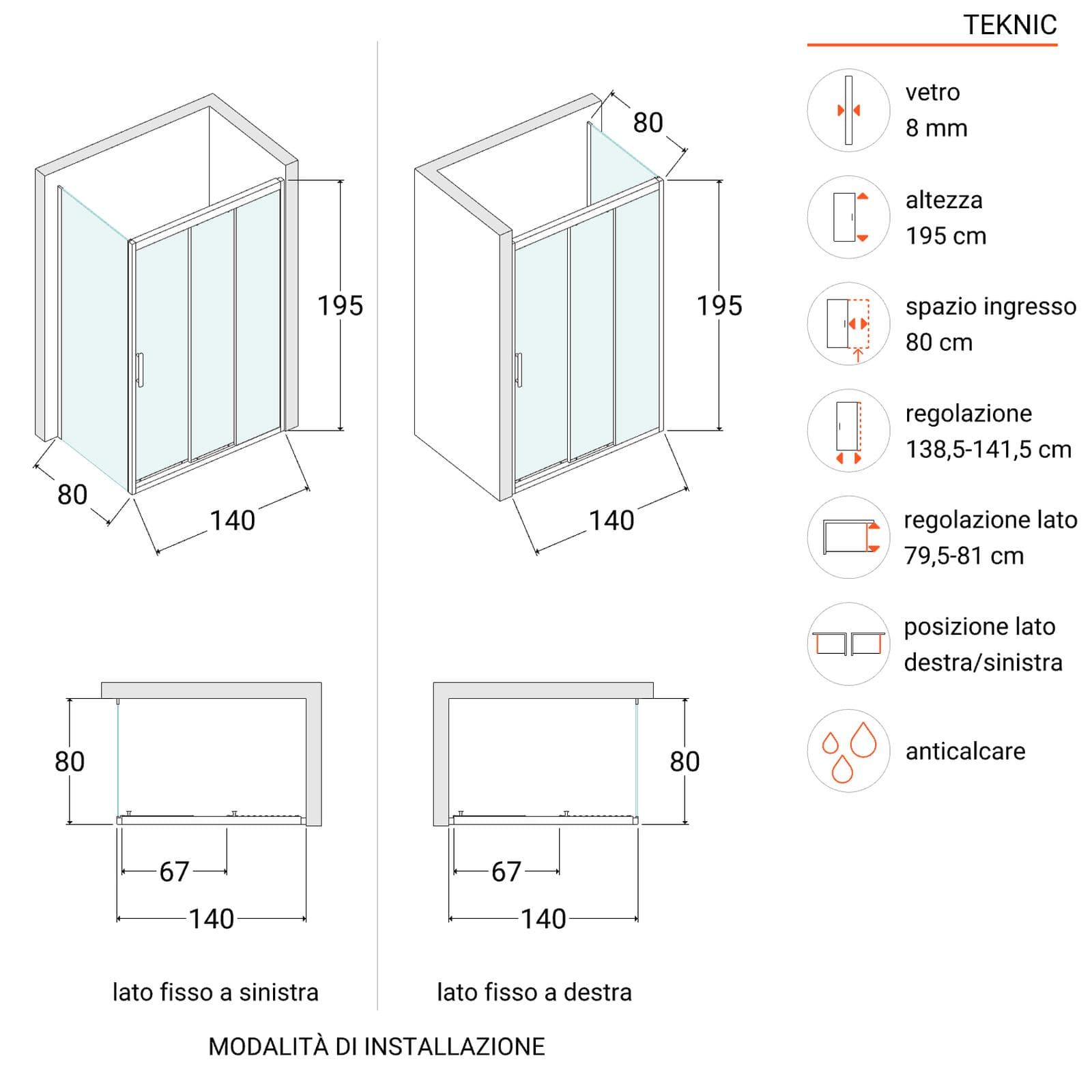 Box doccia 140x80 cm scorrevole verso dx 3 ante anticalcare opaco e profilo cromo 195h - Teknic