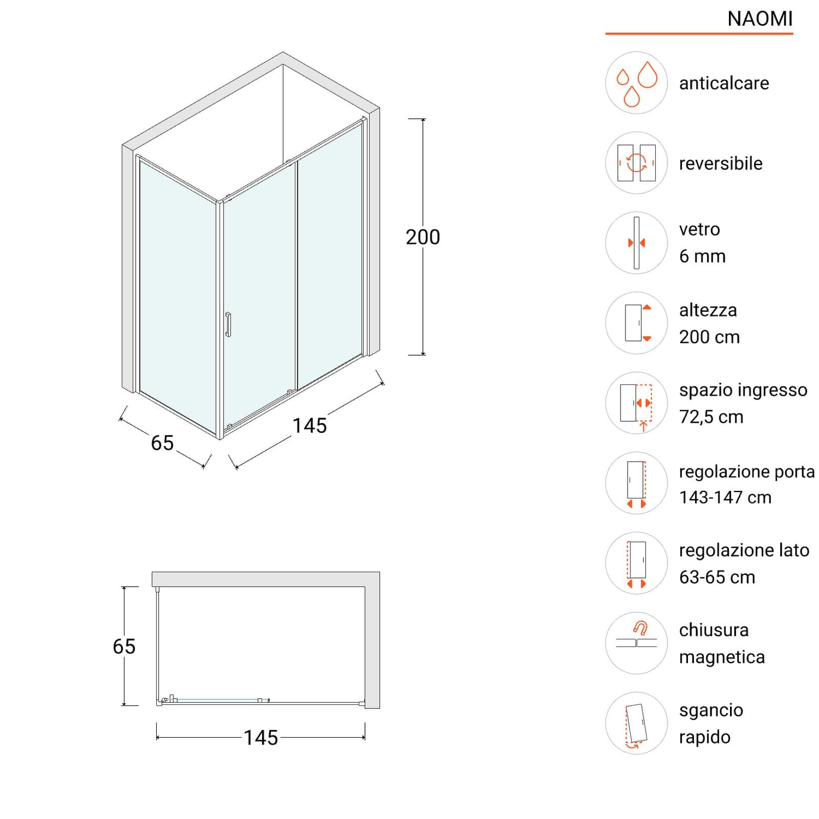 Box doccia angolare 65x145 cm scorrevole anticalcare telaio nero - Naomi