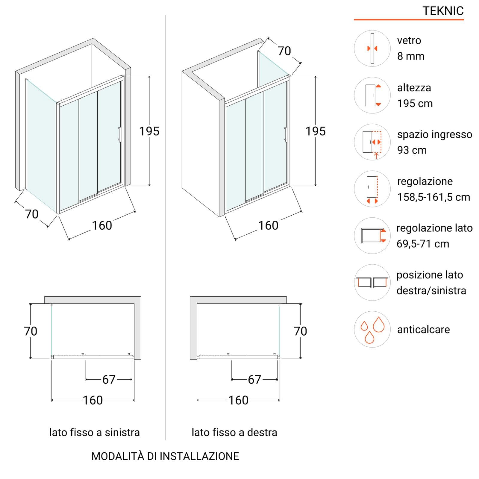 Box doccia 160x70 cm scorrevole verso sx 3 ante anticalcare opaco e profilo cromo 195h - Teknic