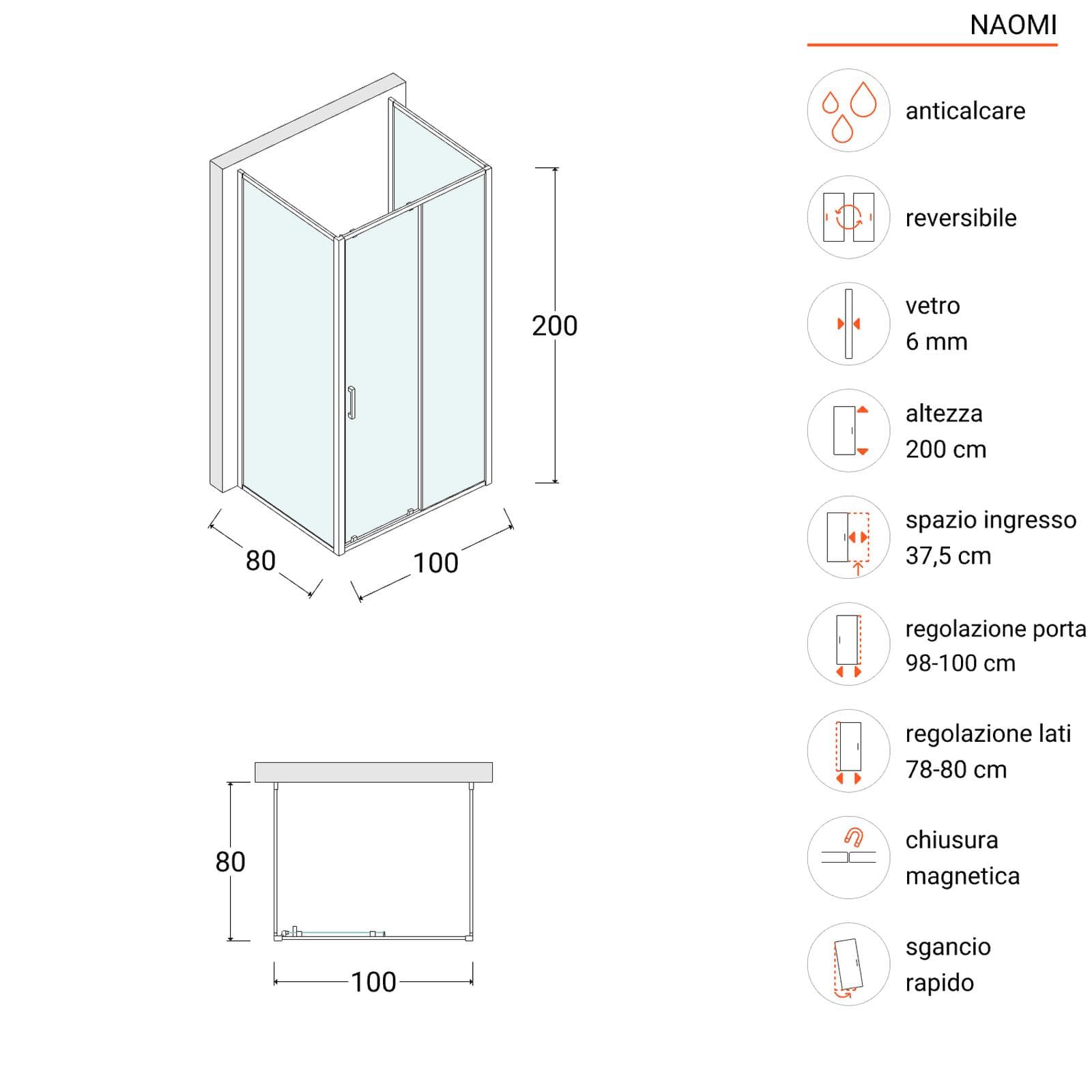 Box doccia angolare 3 lati 80x100x80 cm scorrevole anticalcare 200h cm telaio nero - Naomi