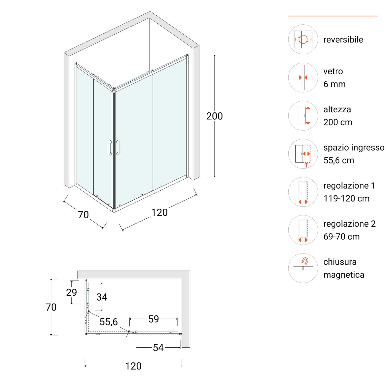 Box doccia 70x120 cm angolare scorrevole con vetro trasparente e profilo cromo 200h - Skin