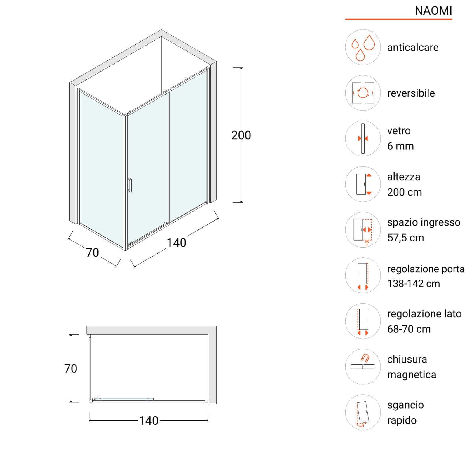 Box doccia angolare 70x140 cm porta scorrevole anticalcare profilo nero - Naomi