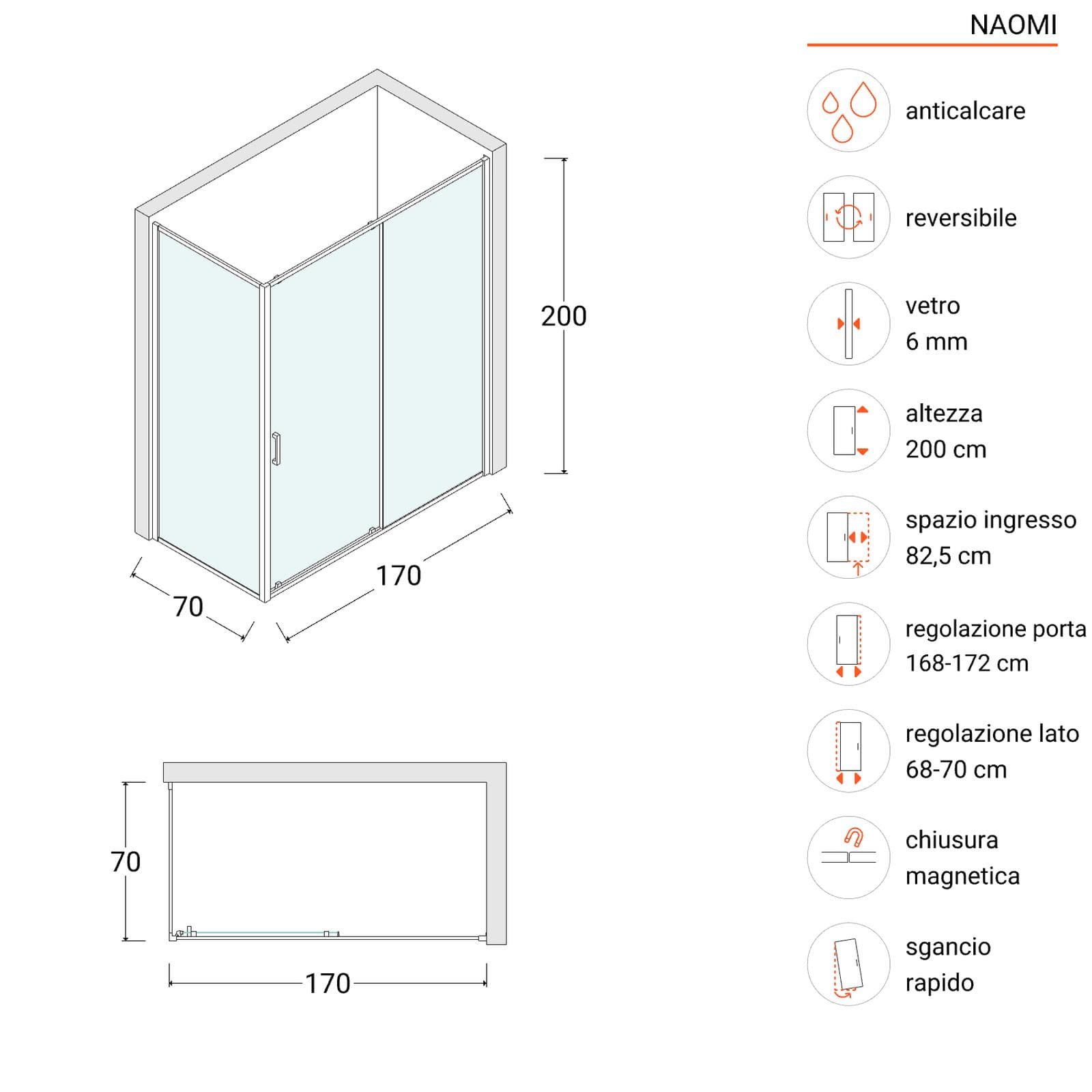 Box doccia angolare 70x170 porta scorrevole anticalcare profilo nero - Naomi