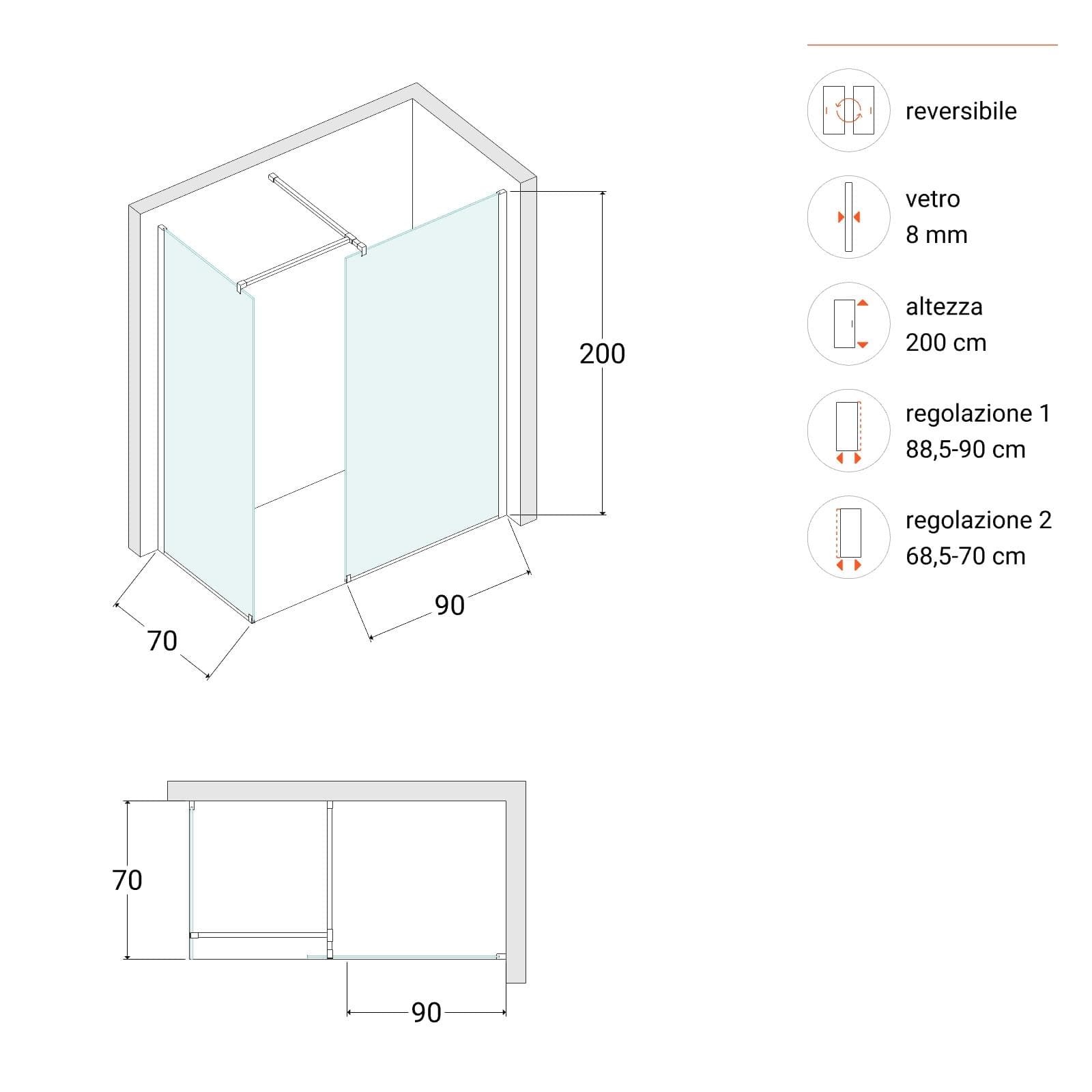 Box doccia angolare cm 70x90 reversibile vetro temperato anticalcare 200h - Keep