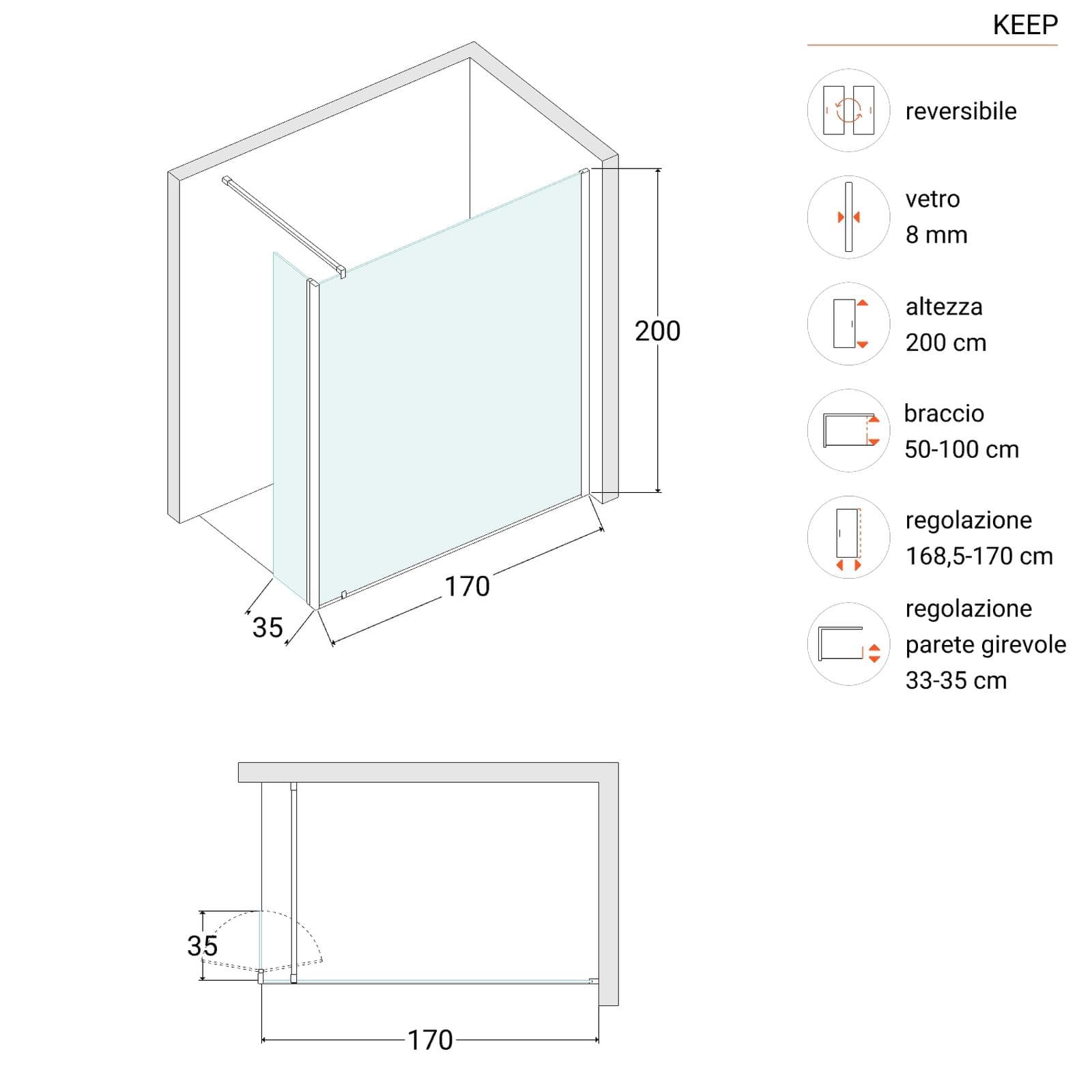 Box doccia angolare Keep 170 cm parete fissa e anta girevole da 35 cm anticalcare