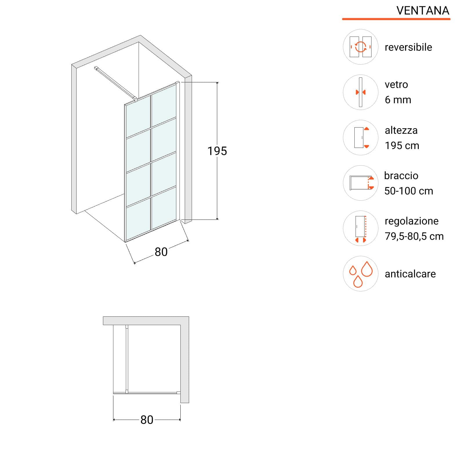 Parete walk in 80 cm nero opaco anticalcare trasparente 195h - Ventana