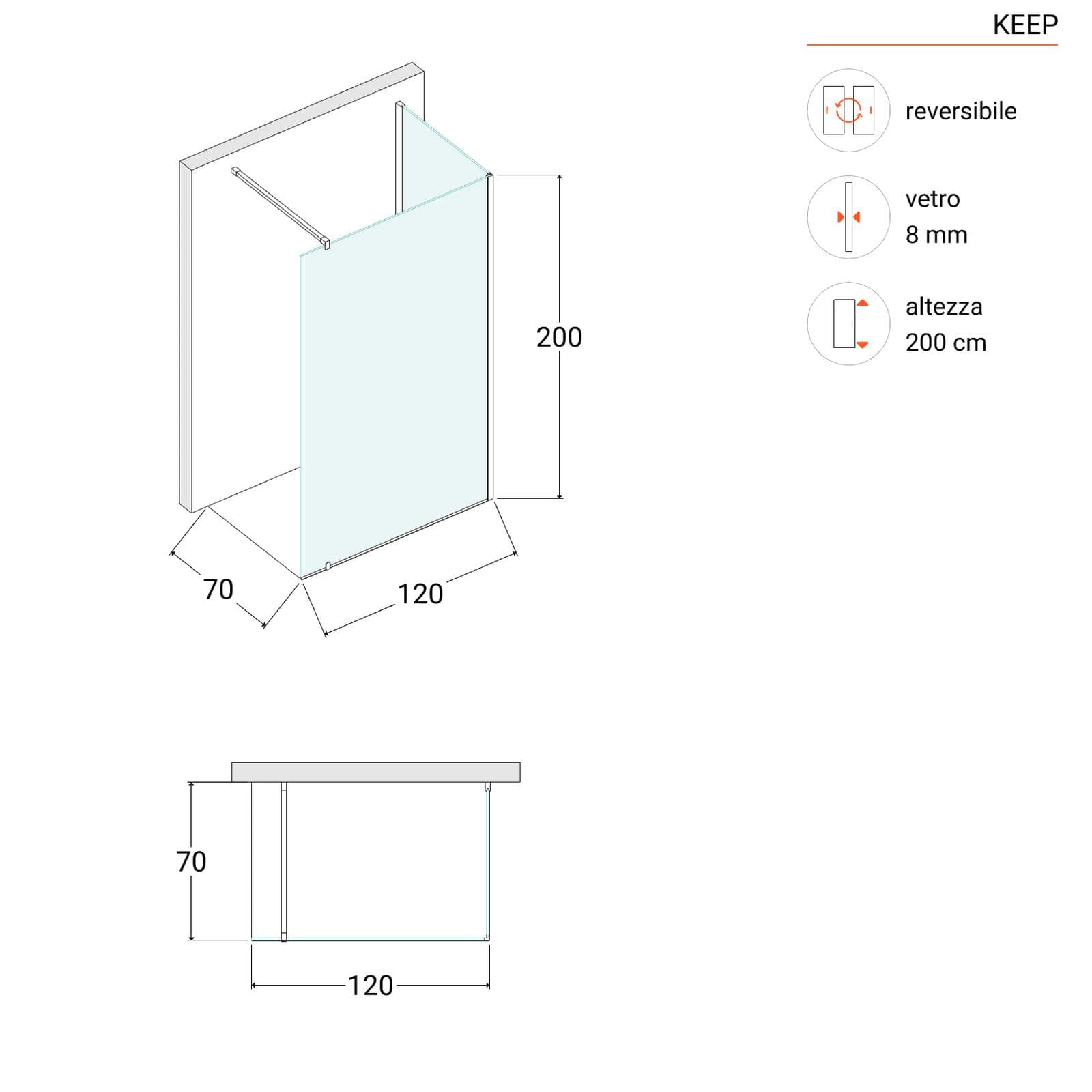 Box doccia walk-in 70x120 cm angolare con vetro trasparente e profilo cromo 200h - Keep