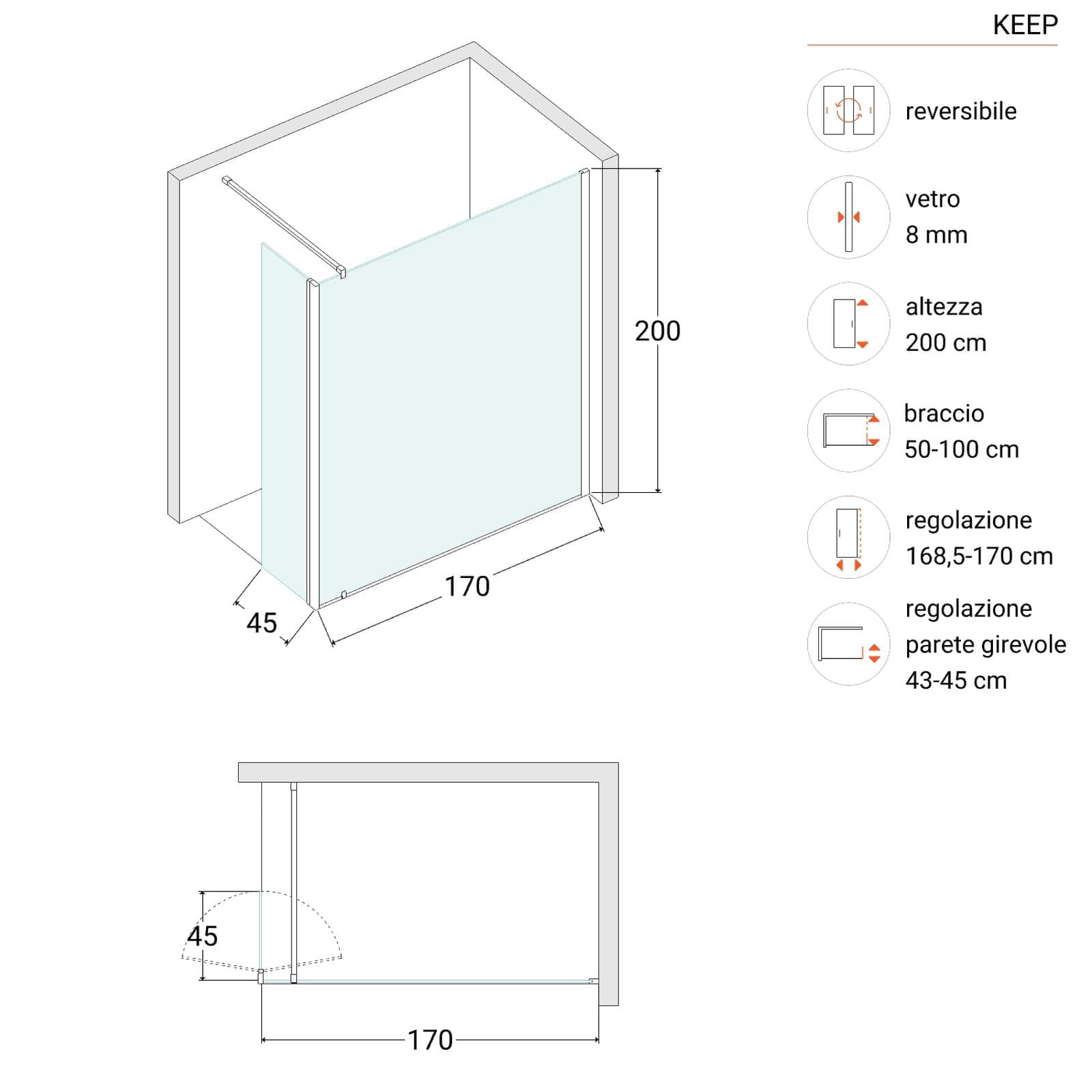 Box doccia Keep angolare 170 cm con anta gireovle da 45 cm in vetro temperato anticalcare