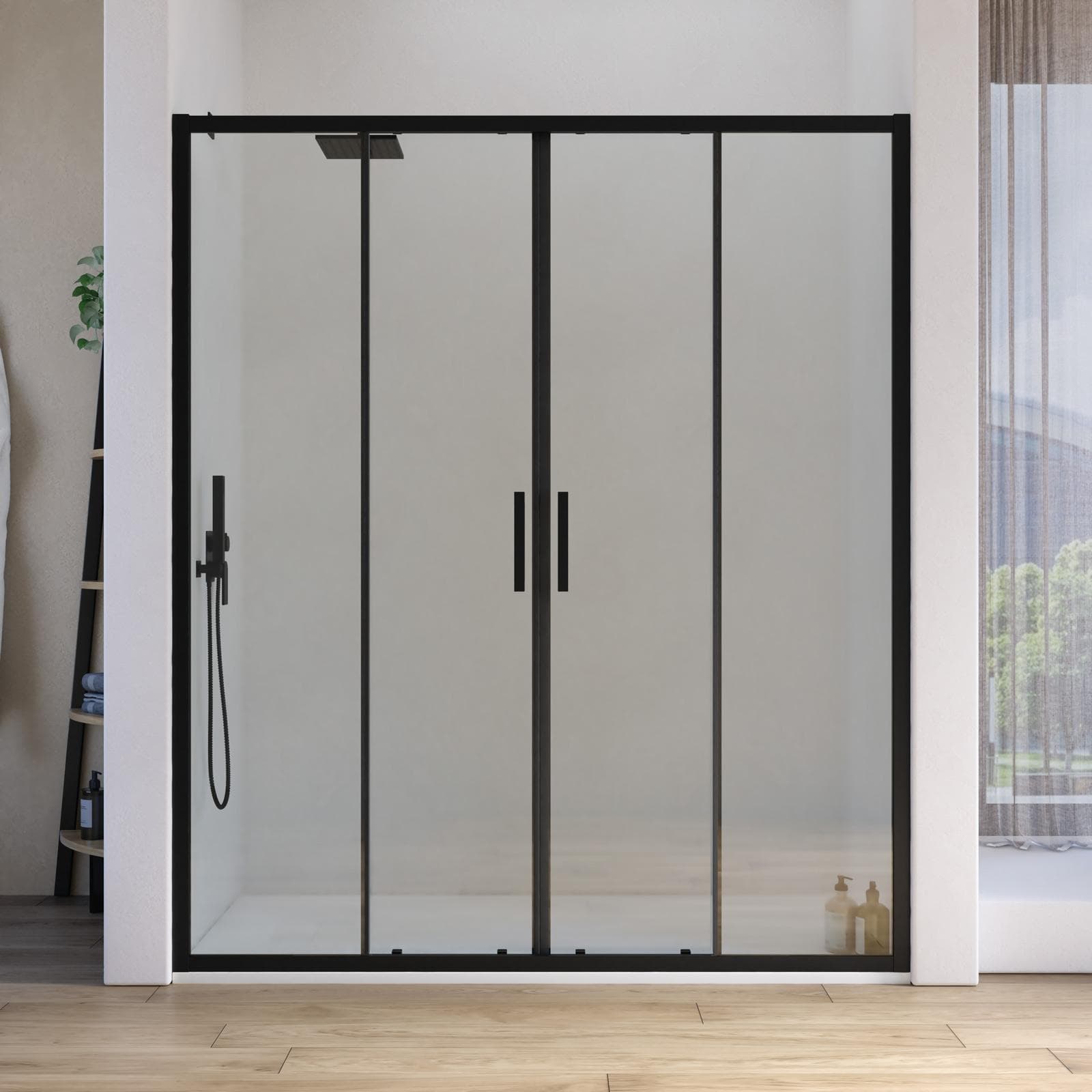 Box doccia nero 160 cm nicchia 4 ante scorrevole anticalcare trasparente - Naomi
