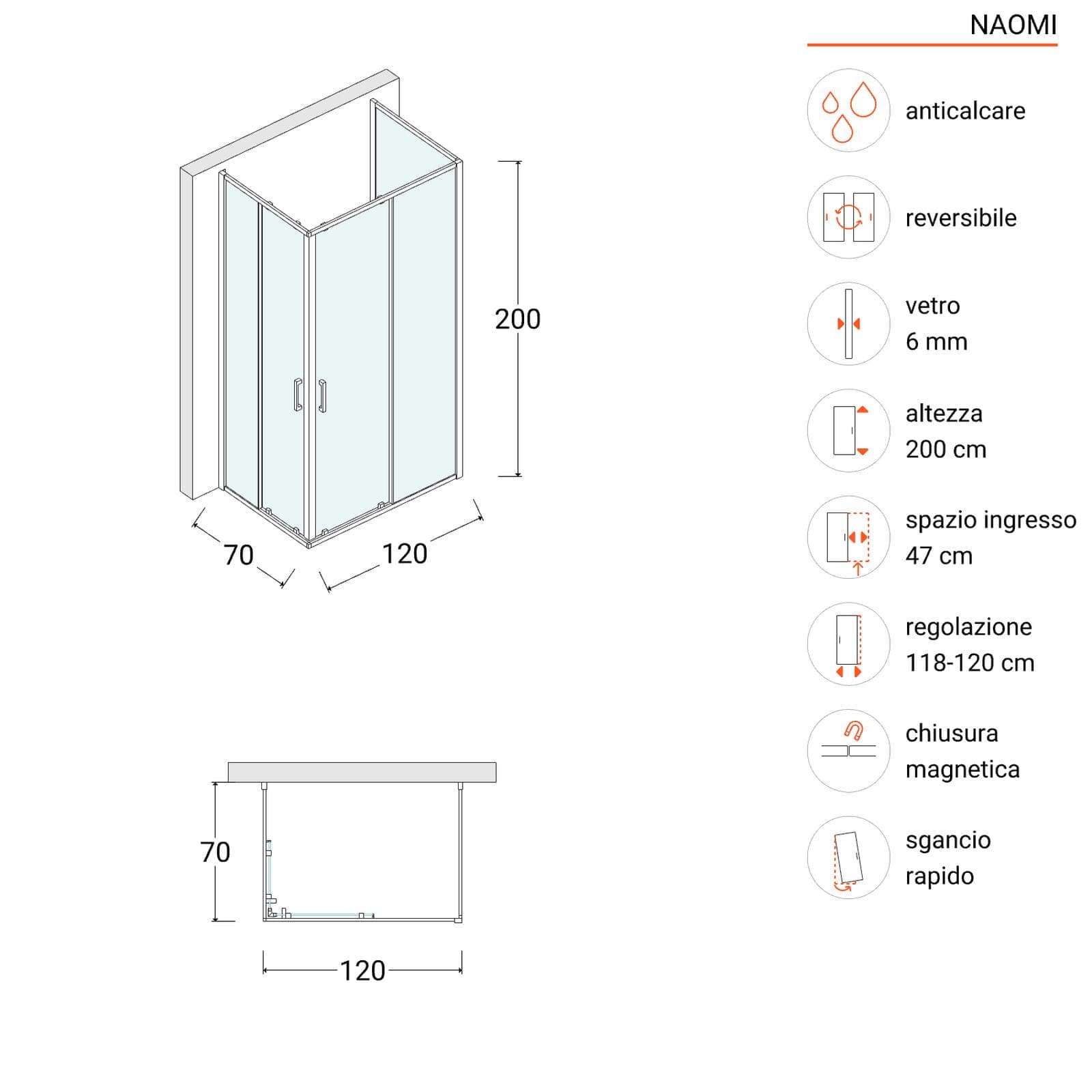 Box doccia nero 3 lati 70x120x70 doppio scorrevole anticalcare 200h cm - Naomi