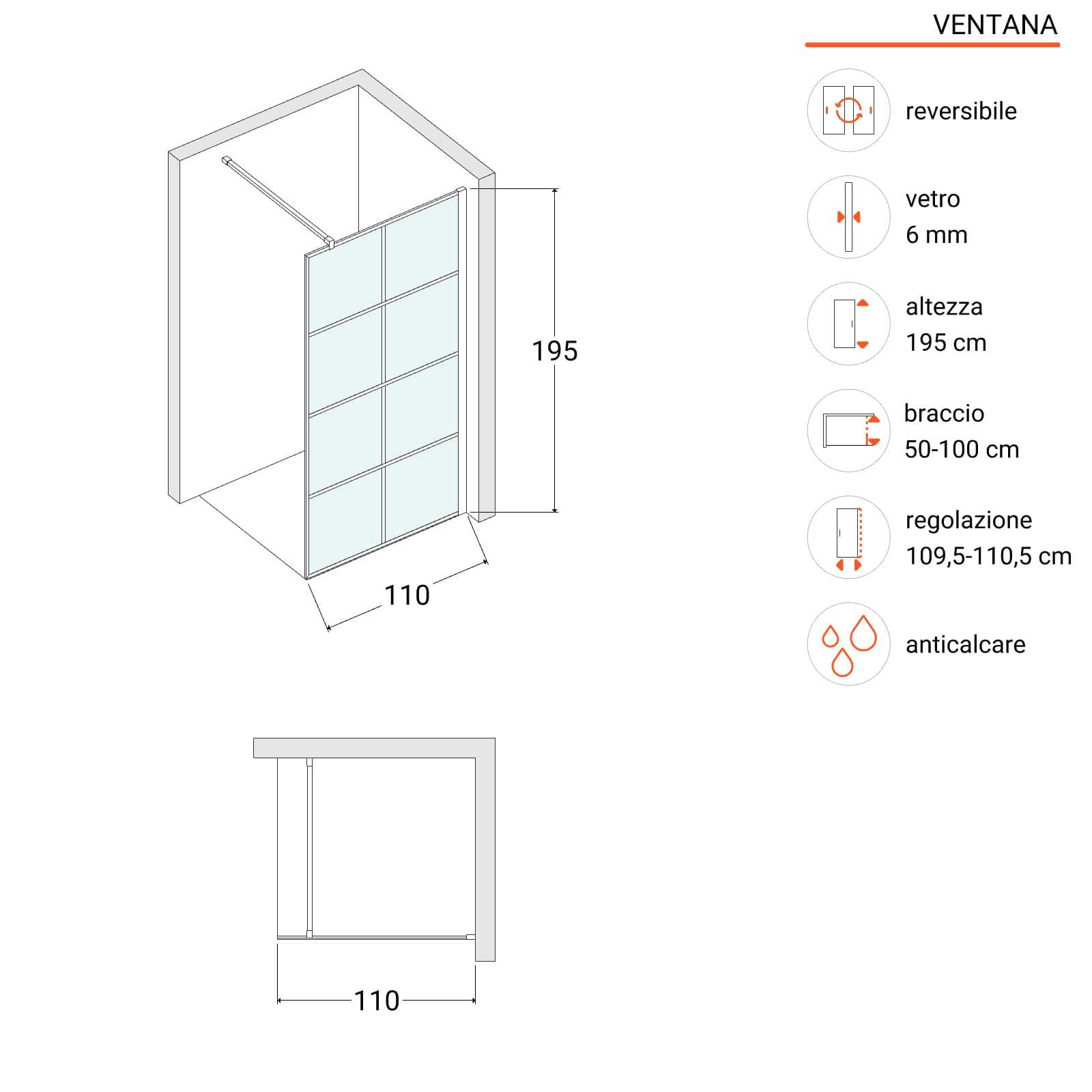 Parete walk in 110 cm nero opaco anticalcare trasparente 195h - Ventana