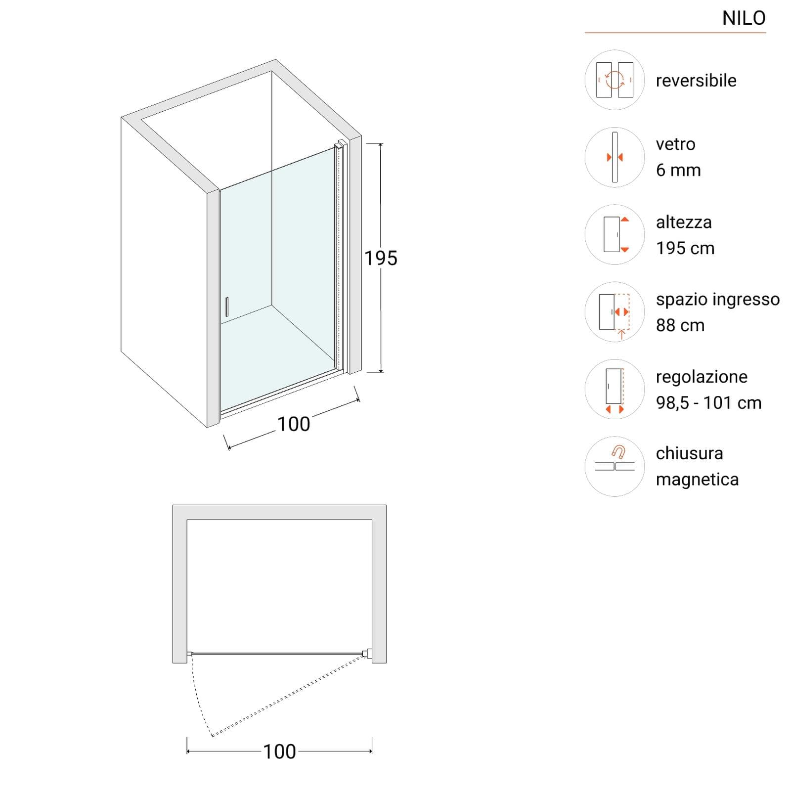 Box doccia nicchia 100 cm battente con vetro temperato fumé e profilo nero opaco 195h - Nilo