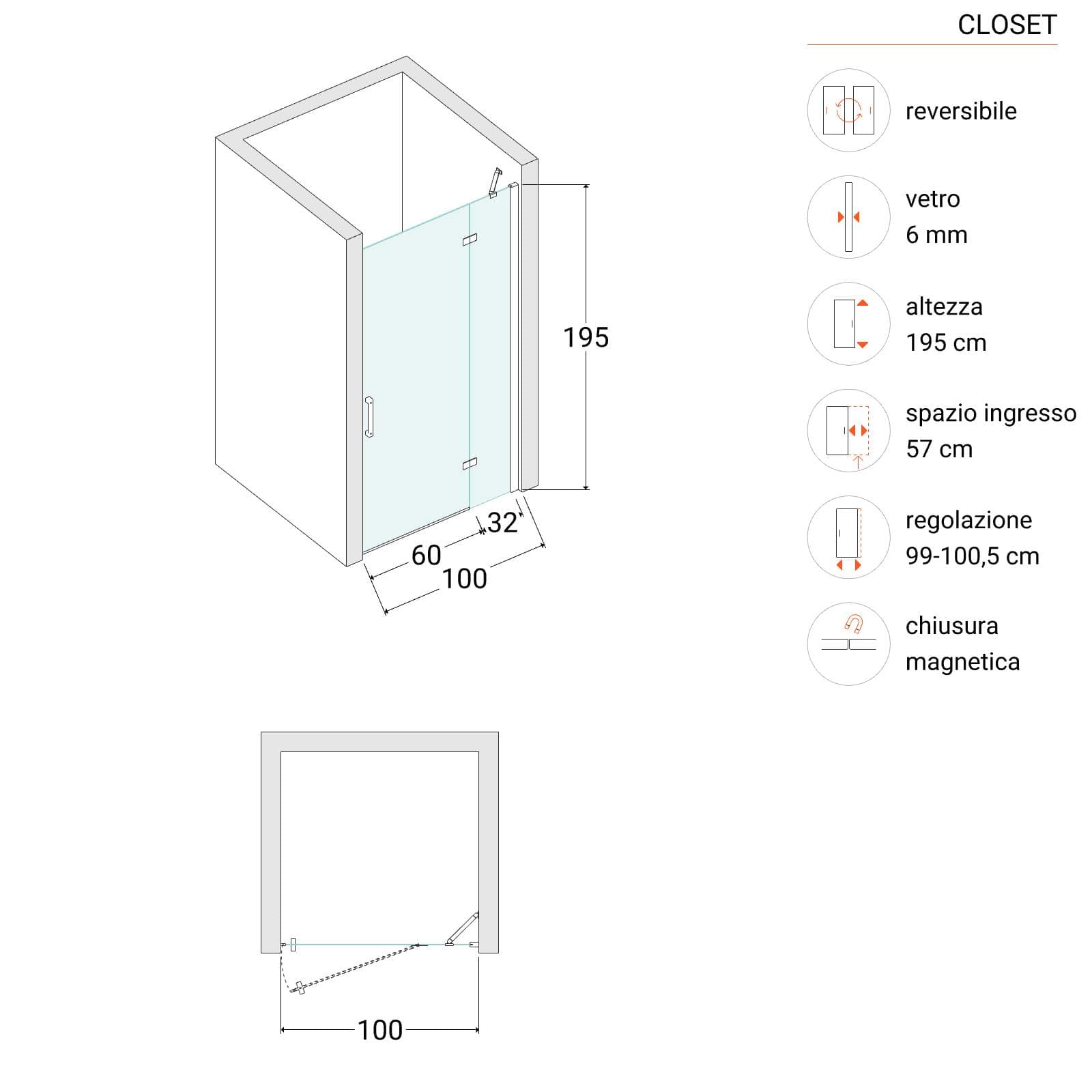 Nicchia battente 100 cm vetro temperato anticalcare 195h - Closet