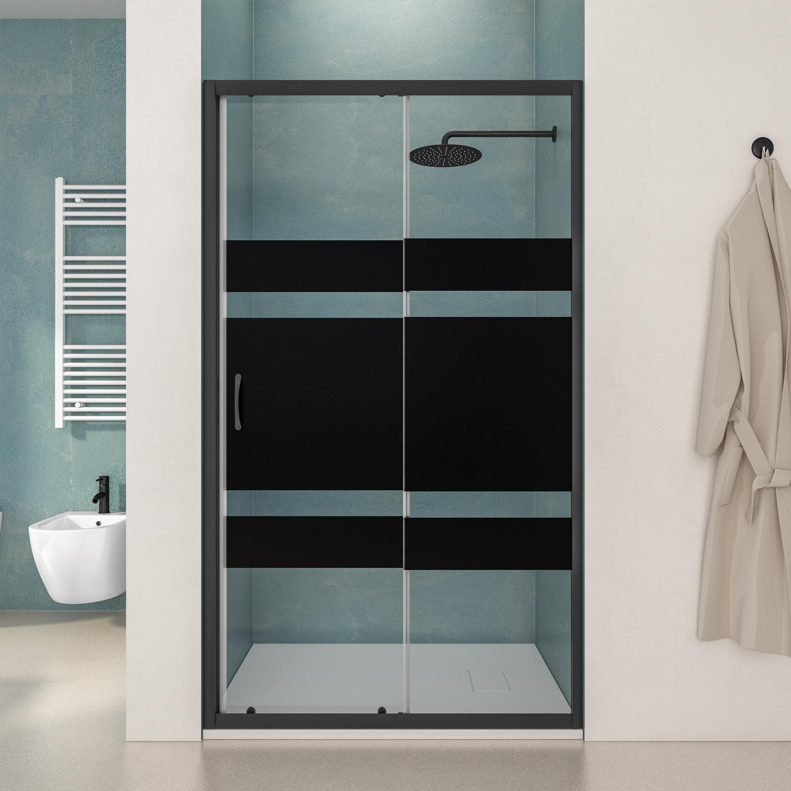 Box doccia nicchia 100 cm scorrevole con vetro serigrafato nero e profilo nero opaco 185h - Lite
