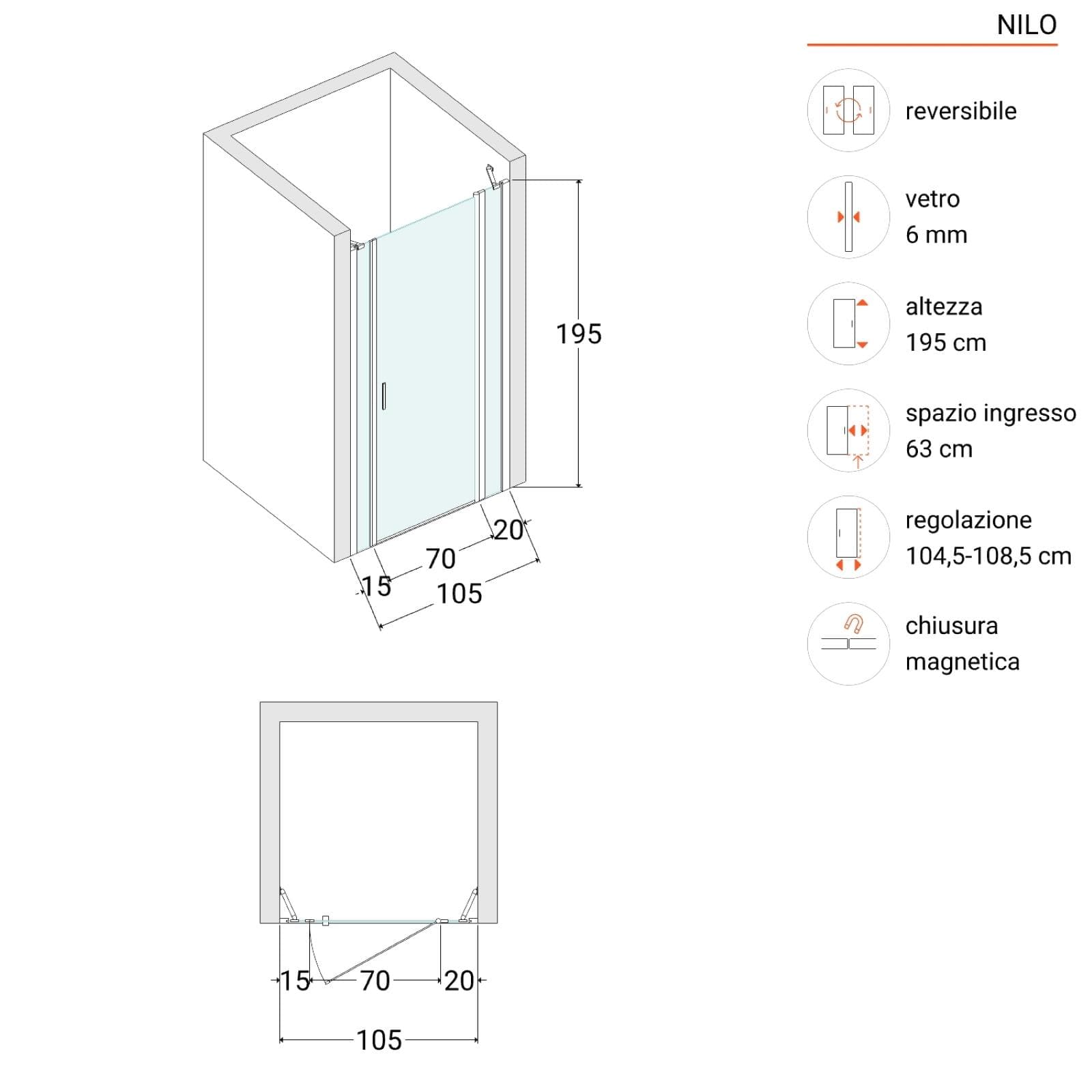 Box doccia nicchia 105 cm 20 giunto + 70 battente + 15 fisso con vetro temperato trasparente e profilo cromo 195h - Nilo