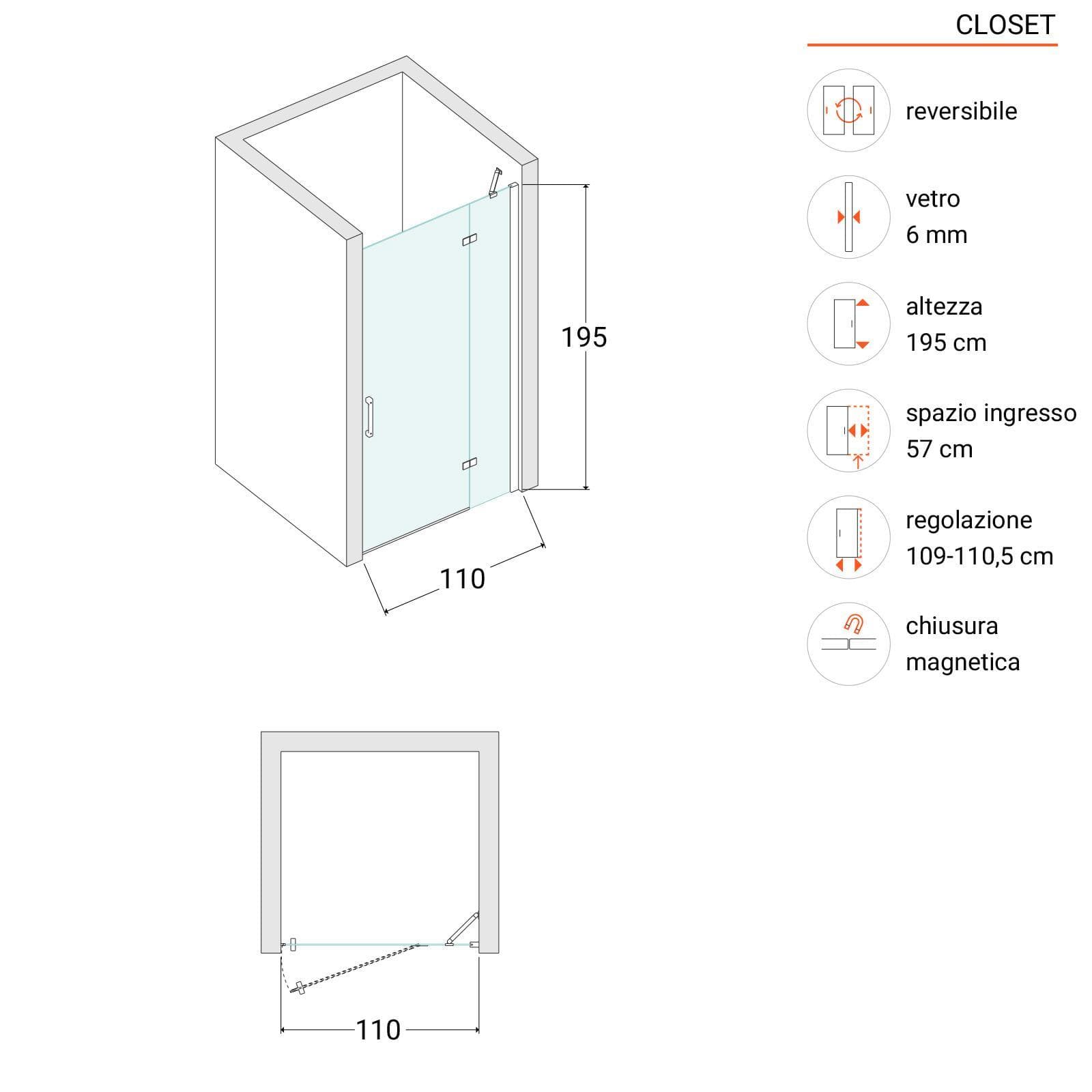 Nicchia battente 110 cm vetro temperato anticalcare 195h - Closet
