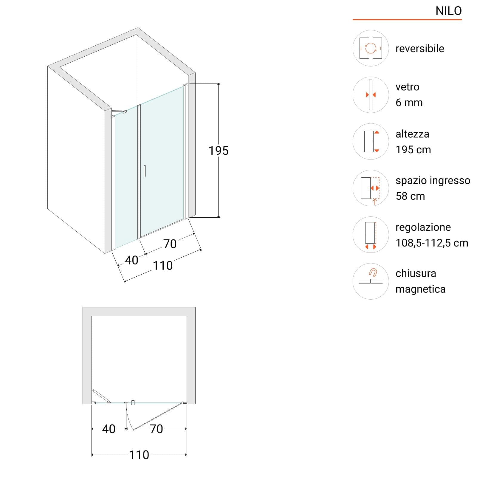 Box doccia nicchia 110cm 70 battente + 40 fisso trasparente 195h - Nilo