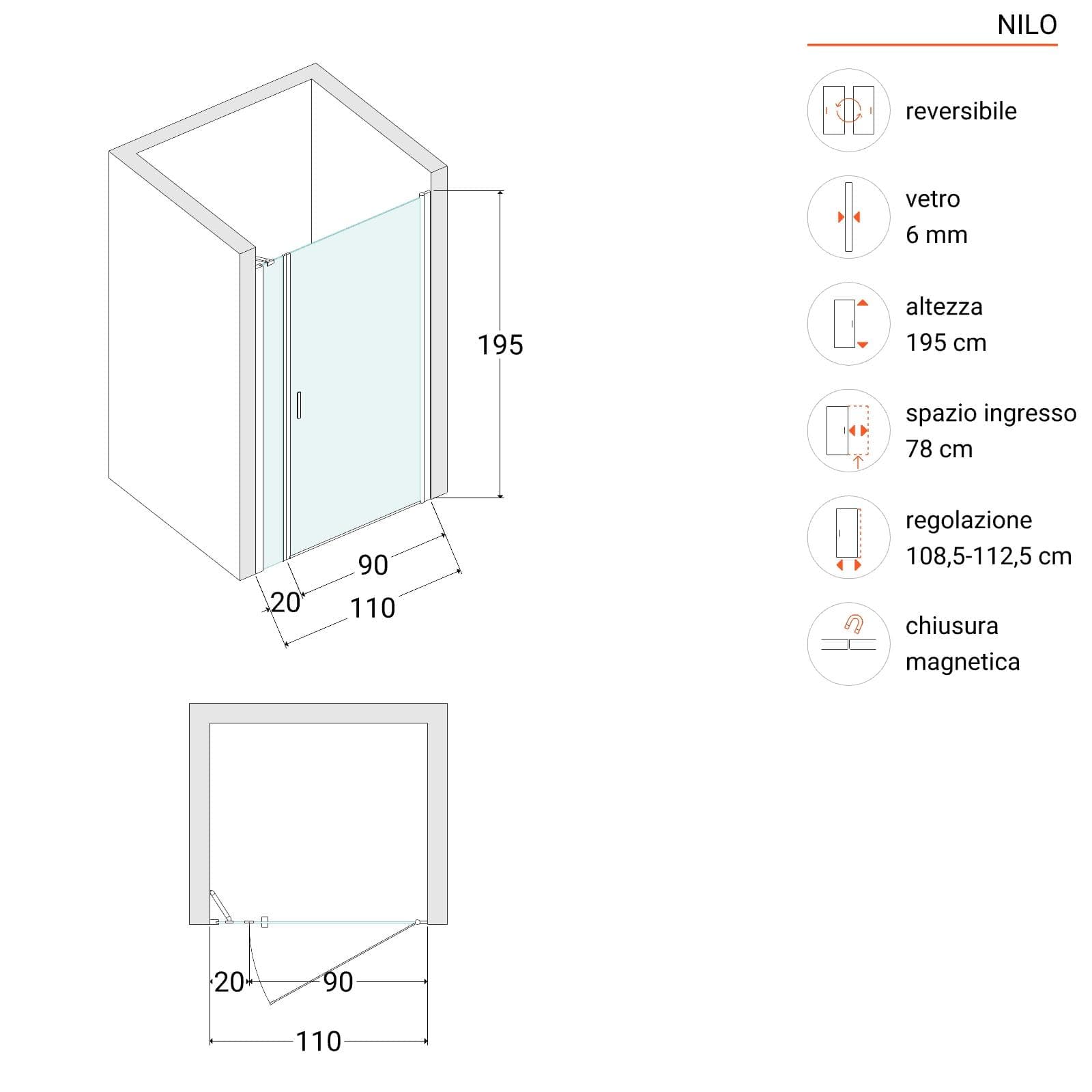 Box doccia nicchia 110cm 90 battente + 20 fisso trasparente 195h - Nilo