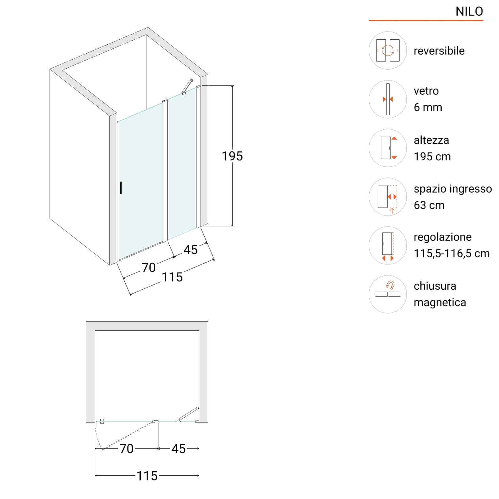 Box doccia nicchia 115 cm battente 70 cm e lato giunto con vetro temperato fumé e profilo nero opaco 195h - Nilo