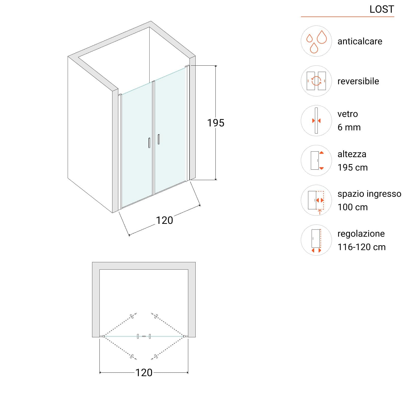 Box doccia nicchia 120 cm saloon con vetro anticalcare trasparente e profilo cromo 195h - Lost