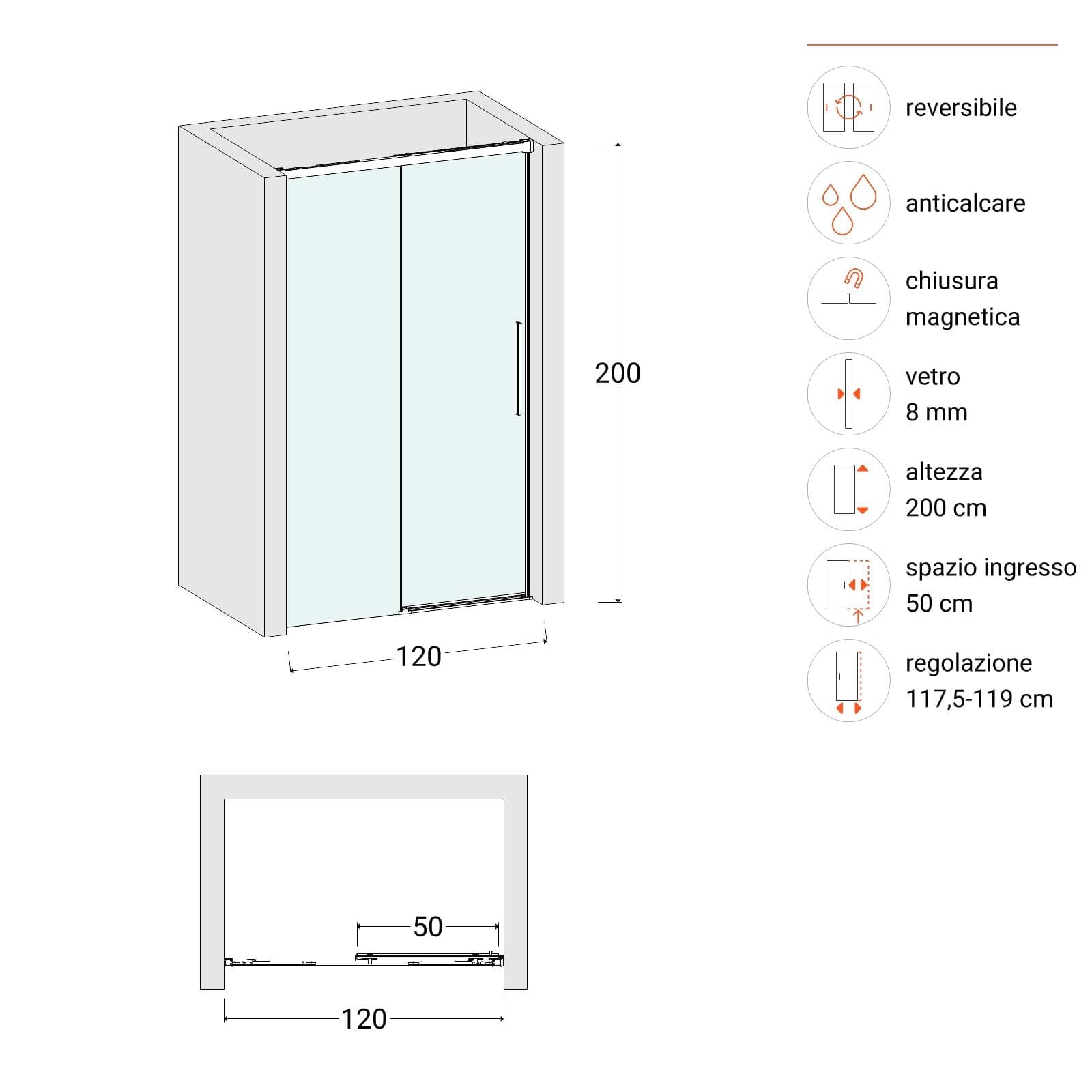 Box doccia nicchia 120 cm scorrevole con vetro anticalcare trasparente profilo nero opaco 200 h - Alissa