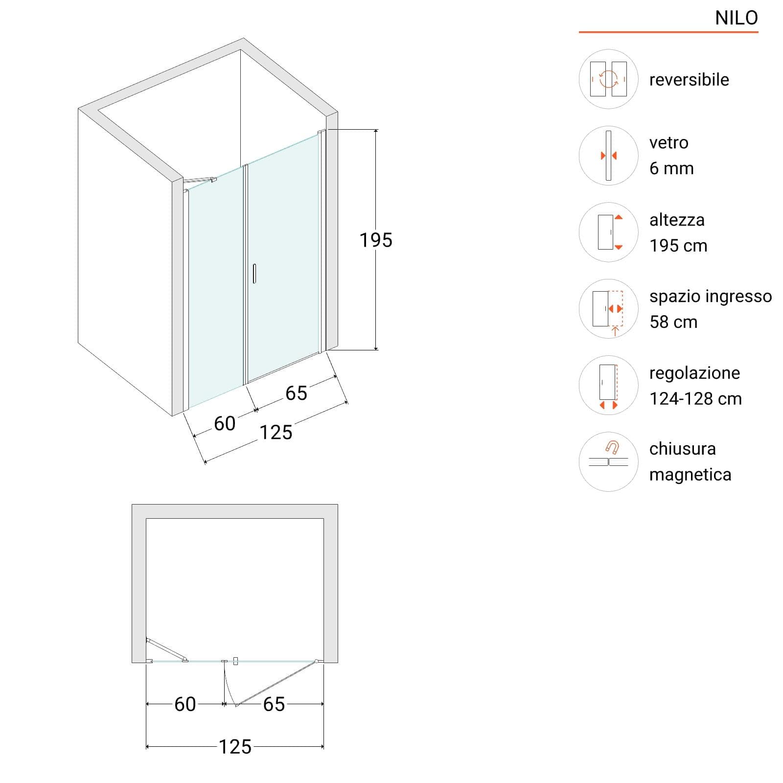 Box doccia nicchia 125 cm battente 65 e lato fisso 60 con profilo nero 195h - Nilo
