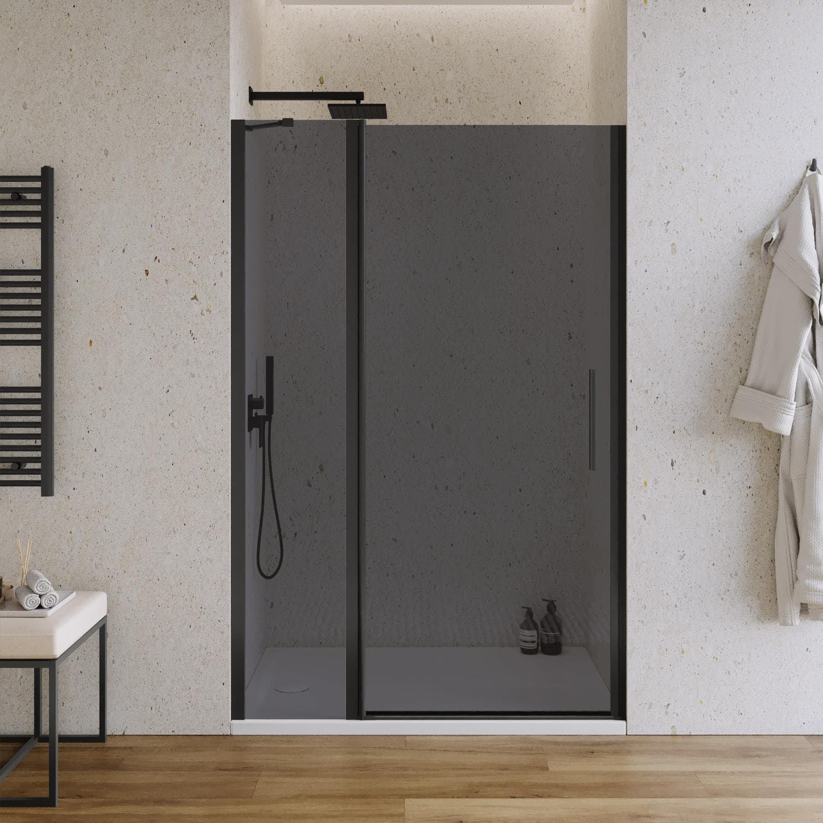 Box doccia nicchia 130 cm battente 85 cm e lato giunto con vetro temperato fumé e profilo nero 195h - Nilo