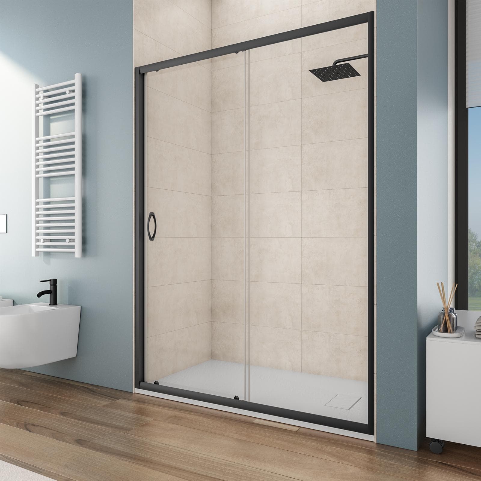 Box doccia nicchia 130 cm scorrevole con vetro trasparente e profilo nero opaco 185h - Lite