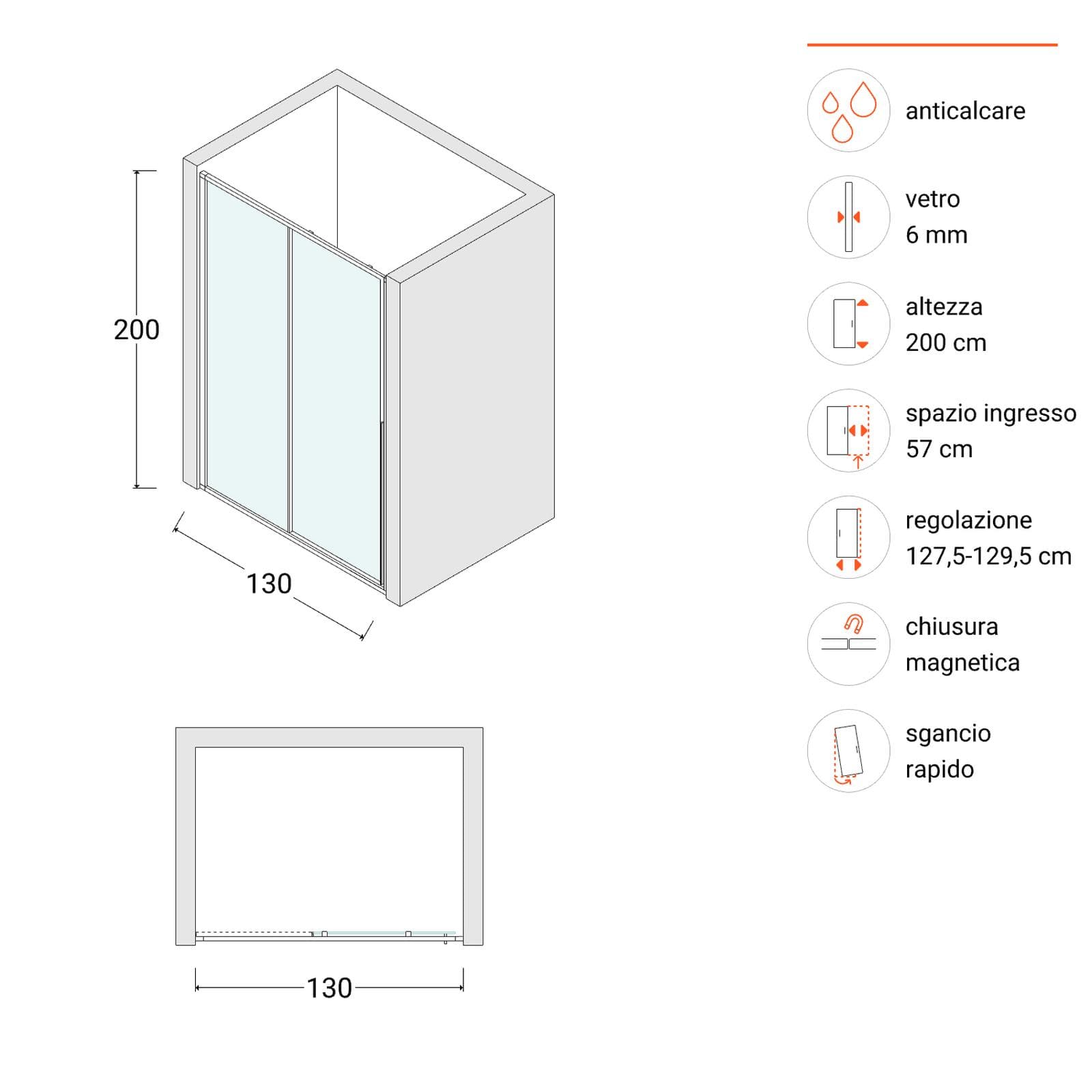 Box doccia nicchia 130 cm scorrevole sx vetro anticalcare trasparente profilo cromo 200h - Helena