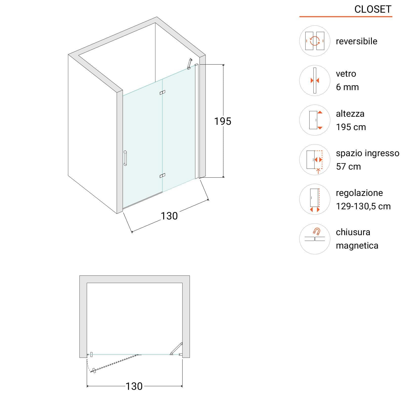 Nicchia battente 130 cm vetro temperato anticalcare 195h - Closet