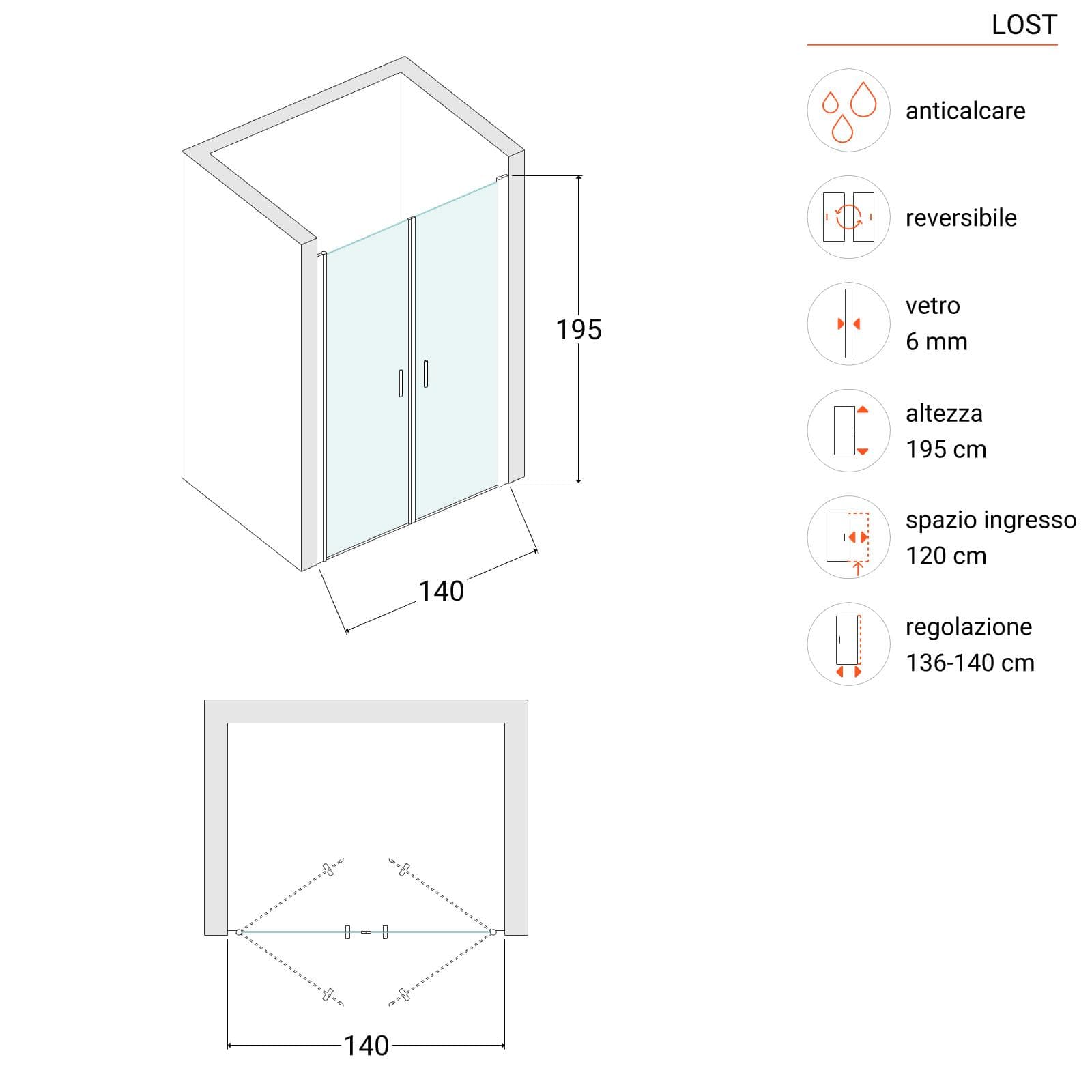 Box doccia nicchia 140 cm saloon con vetro anticalcare opaco e profilo cromo 195h - Lost