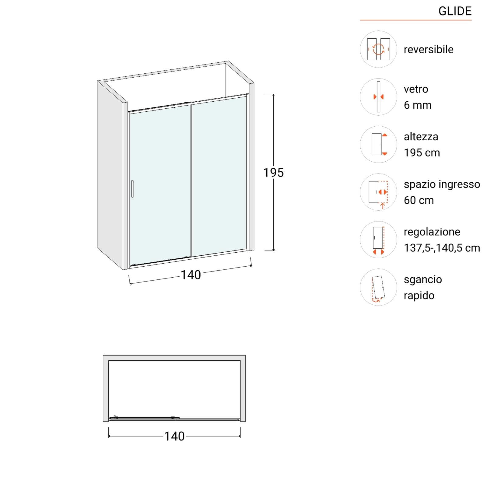 Box doccia nicchia 140 cm scorrevole con vetro slim trasparente e profilo nero opaco 195h - Glide