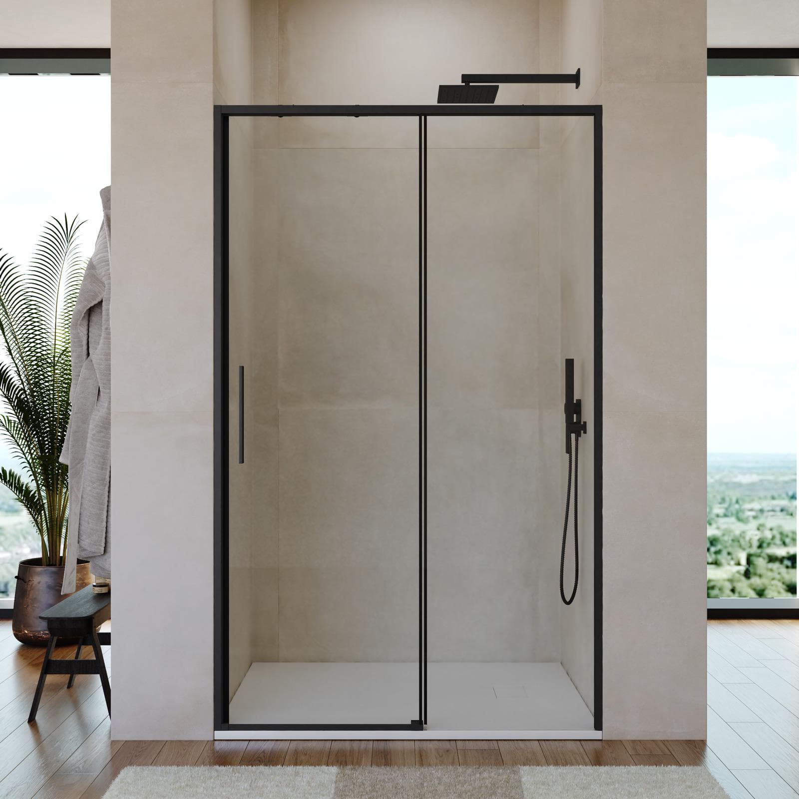 Box doccia nicchia 140 cm scorrevole con vetro trasparente e profilo nero opaco 195h - Silent