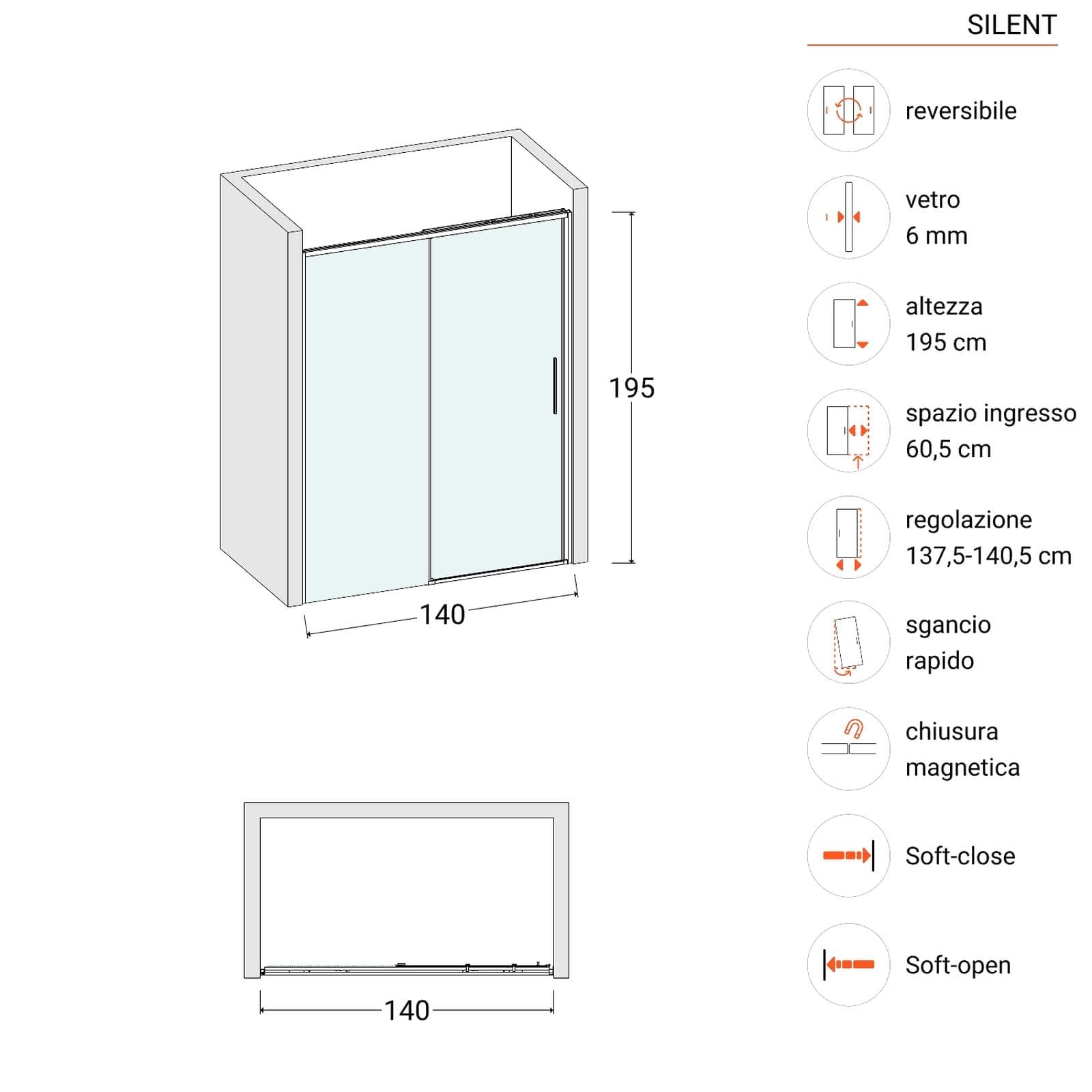Box doccia nicchia 140 cm scorrevole con vetro trasparente e profilo nero opaco 195h - Silent