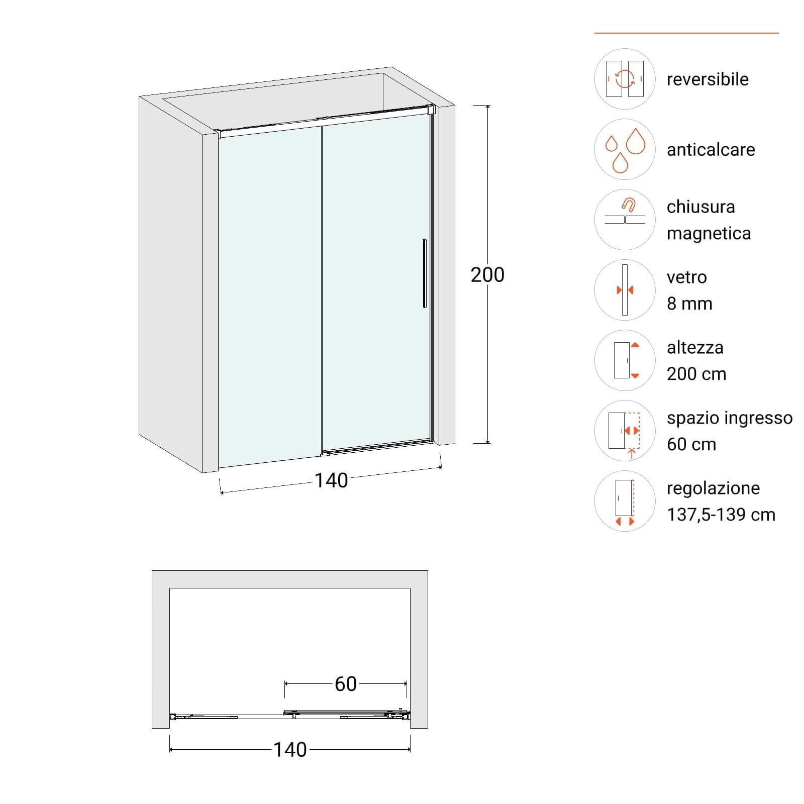 Box doccia nicchia 140 cm scorrevole con vetro anticalcare trasparente profilo cromo 200 h - Alissa