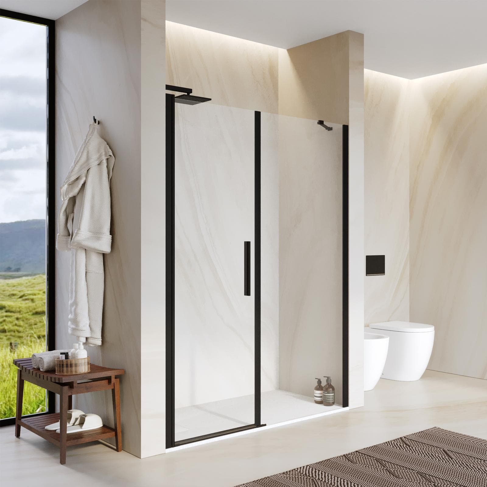 Box doccia nicchia 145 cm battente 65 cm e lato fisso con vetro temperato trasparente e profilo nero 195h - Nilo