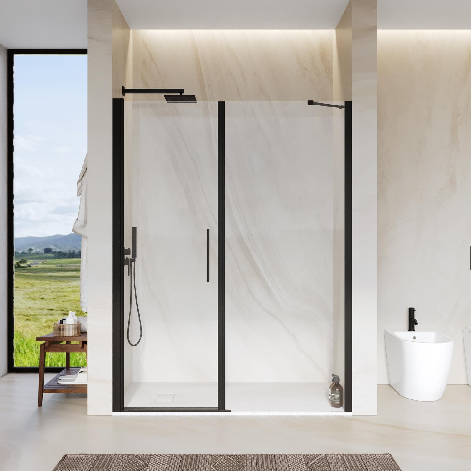 Box doccia nicchia 145 cm battente 65 cm e lato fisso con vetro temperato trasparente e profilo nero 195h - Nilo