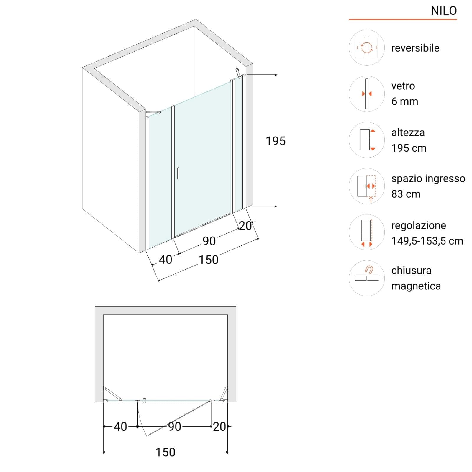 Box doccia nicchia 150 cm 20 giunto + 90 battente + 40 fisso con vetro temperato trasparente e profilo cromo 195h - Nilo