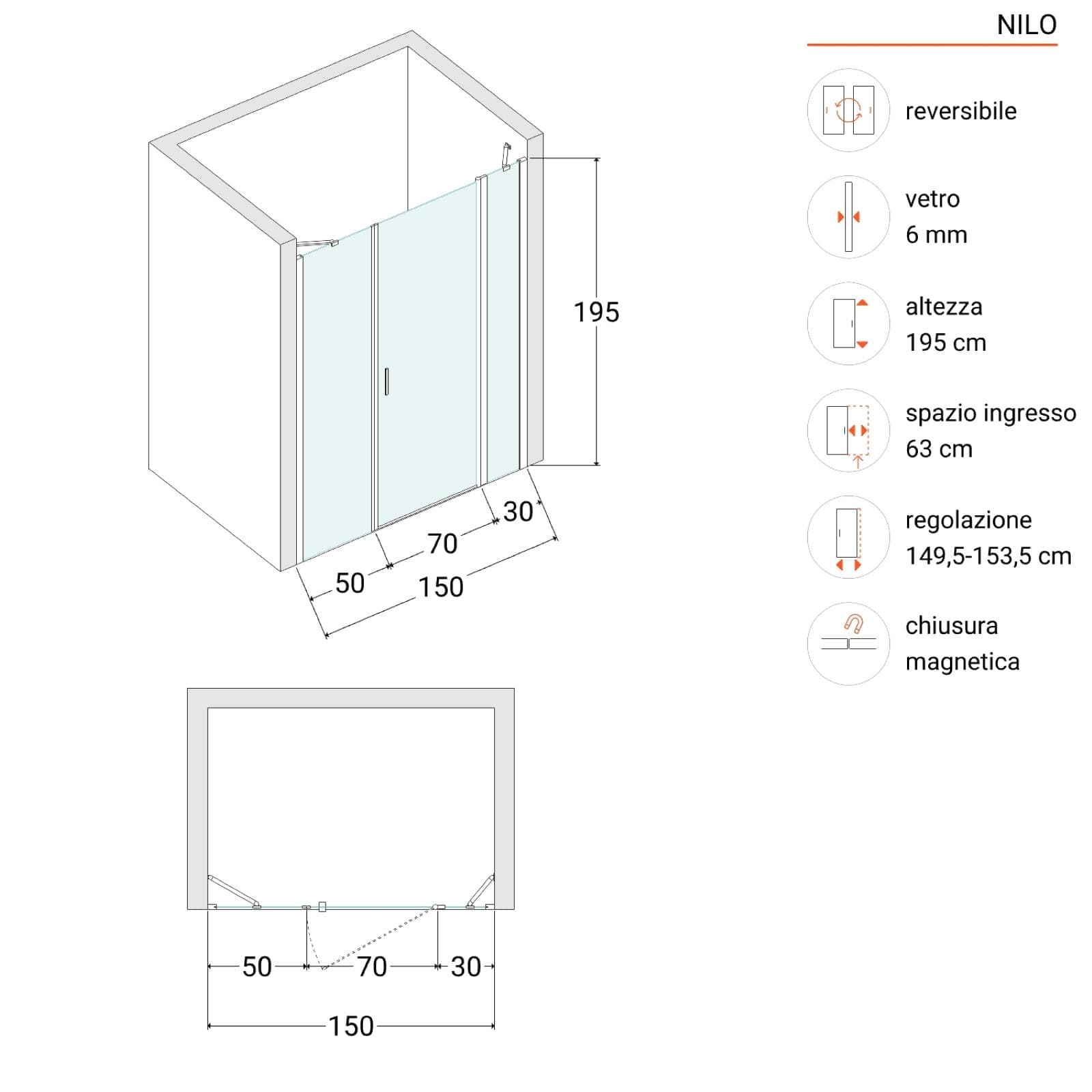 Box doccia nicchia 150 cm 30 giunto + 70 battente + 50 fisso con vetro temperato trasparente e profilo cromo 195h - Nilo